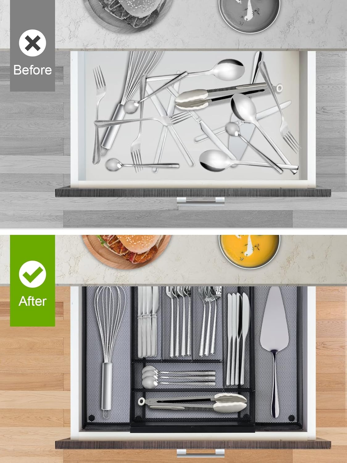 Silverware Organizer Metal Mesh, Large Drawer Organizer, Utensil Cutlery Tray for kitchen drawers, Expandable Flatware Organizer with 8 Compartment Black 11.6"~20" x 17.3"