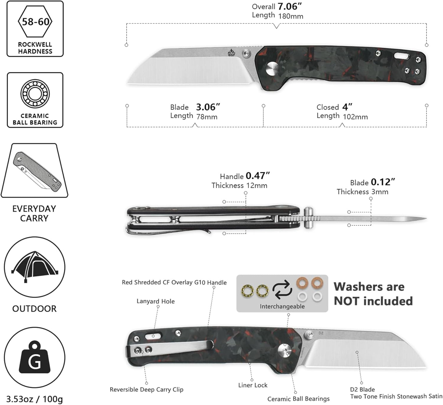 QSP Penguin V2 Folding Pocket Knife, 3.06" D2 Two Tone Finish Stonewash Satin Blade EDC Knife, Red Shredded CF Overlay G10 Handle, Liner Lock, Ceramic Ball Bearings, Reversible SS Deep Carry Clip