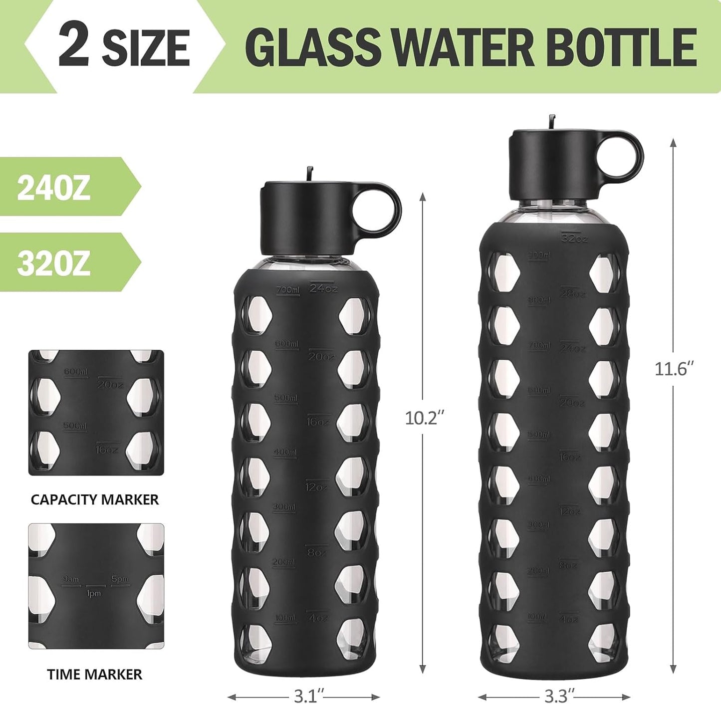 MUKOKO Glass Water Bottles, 32oz Glass Tumbler, Drinking Bottles with 2 Lids-Handle Flip Straw Lid&Bamboo Lid, Motivational Water Bottle with Time Marker and Silicone Sleeve, Leakproof-1 Pack-Black