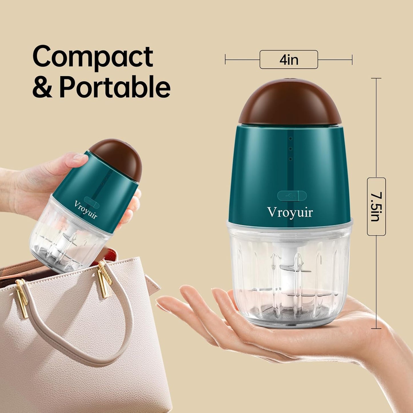 Mini Food Processor, Cordless Small Food Chopper & Blender for Meat,Vegetables,Fruit – 200W Portable,6 Sharp Blades–1.3 Cup (10 oz) Glass Container, Dishwasher Safe – Compact Kitchen Gadget (Green)