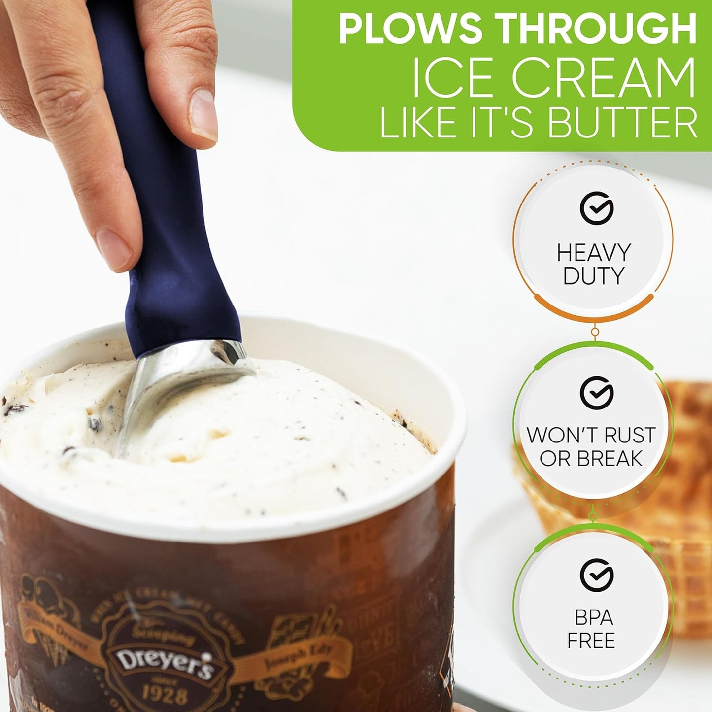 Spring Chef Ice Cream Scoop with Soft Grip Handle, Professional Heavy Duty Sturdy Scooper, Premium Kitchen Tool for Cookie Dough, Gelato, Sorbet, Sapphire