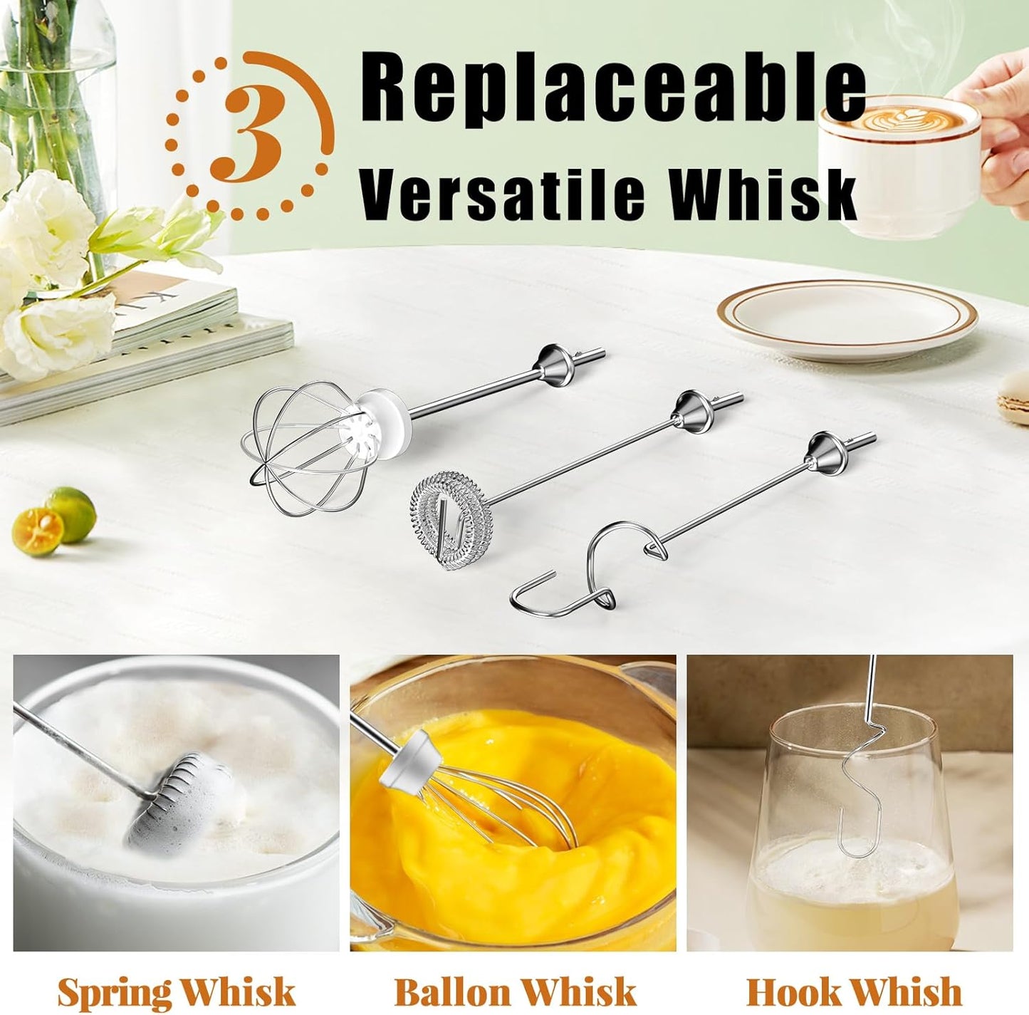 Nahida White Milk Frother Wand for Coffee, Frother Handheld Rechargeable Electric Whisk with 3 Heads 3 Speeds Drink Mixer Coffee Frother Foam Maker For Latte, Cappuccino, Hot Chocolate, Egg