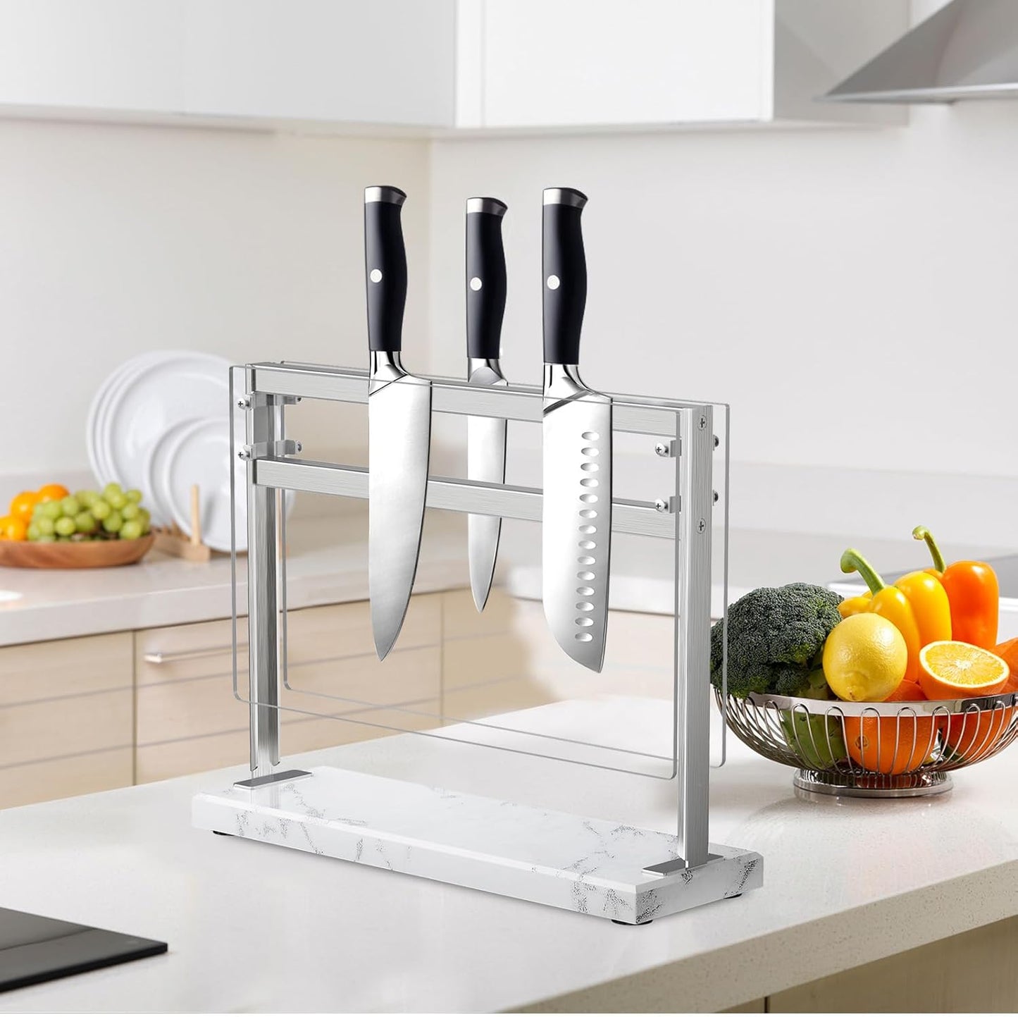 YIIYIIN Magnetic Knife Block with Acrylic Shield - Marble Based Double Side Magnetic Knife Stand - Kitchen Magnetic Knife Holder - Knife Storage - Knife Holders for Counter Top - White