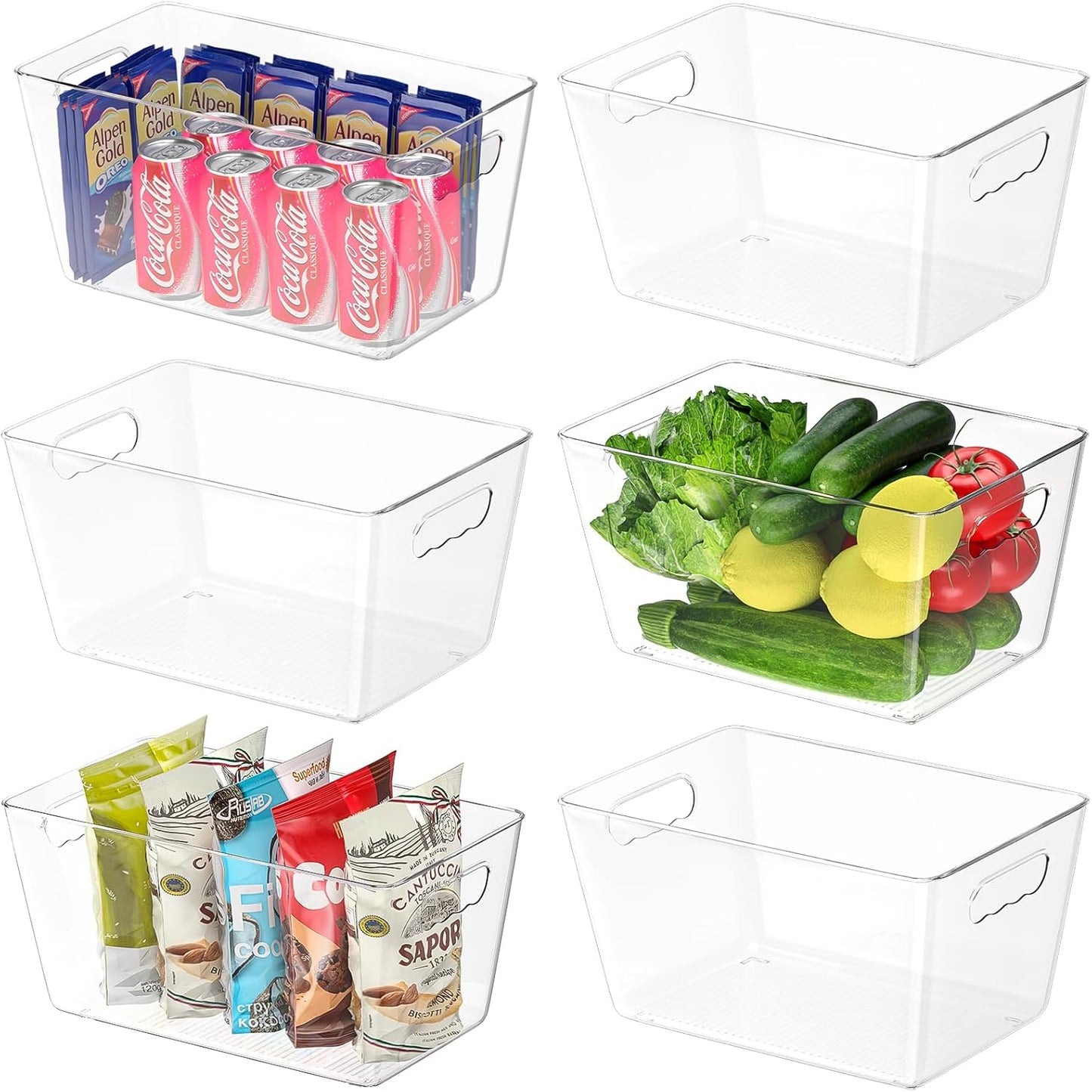 BALEINE Clear Plastic Storage Bins, Pantry Organization, BPA Free Stackable Refrigerator Organizers and Storage with Handles for Kitchen Fridge Cabinet Bathroom (6PK, 13x7.4x6.2)