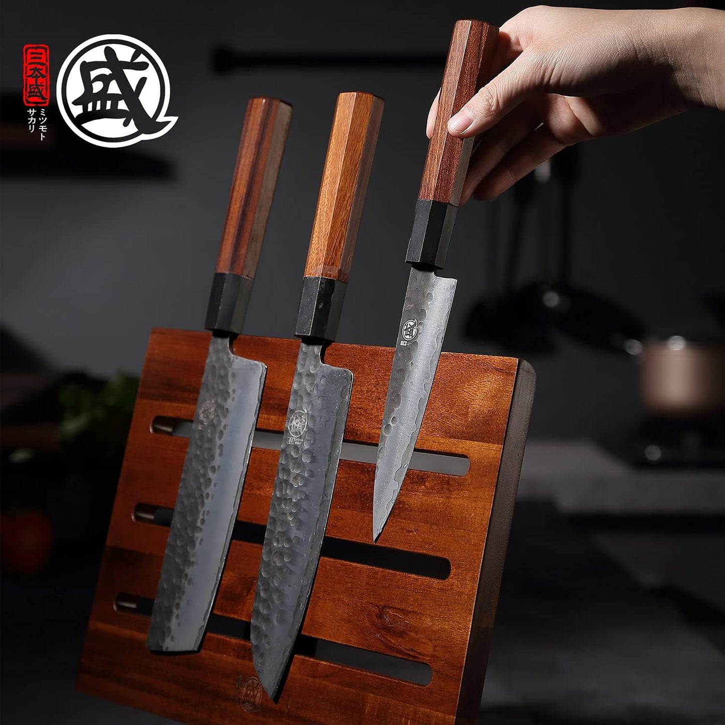MITSUMOTO SAKARI Japanese Magnetic Knife Block, Japanese Acacia Wood Knives Holder Stand, Enhanced Double-Sided Magnetic Wooden Knife Storage for Kitchen Counter