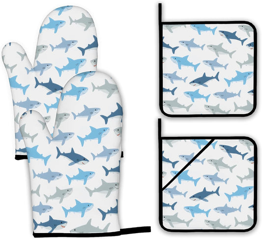 Cute Shark Oven Mitts and Pot Holders Set,Kitchen Decor Heat Resistant Non Slip Hot Pads and Oven Mitt for Chef Cooking Baking BBQ Mom Girl Gifts(4 Piece Set)