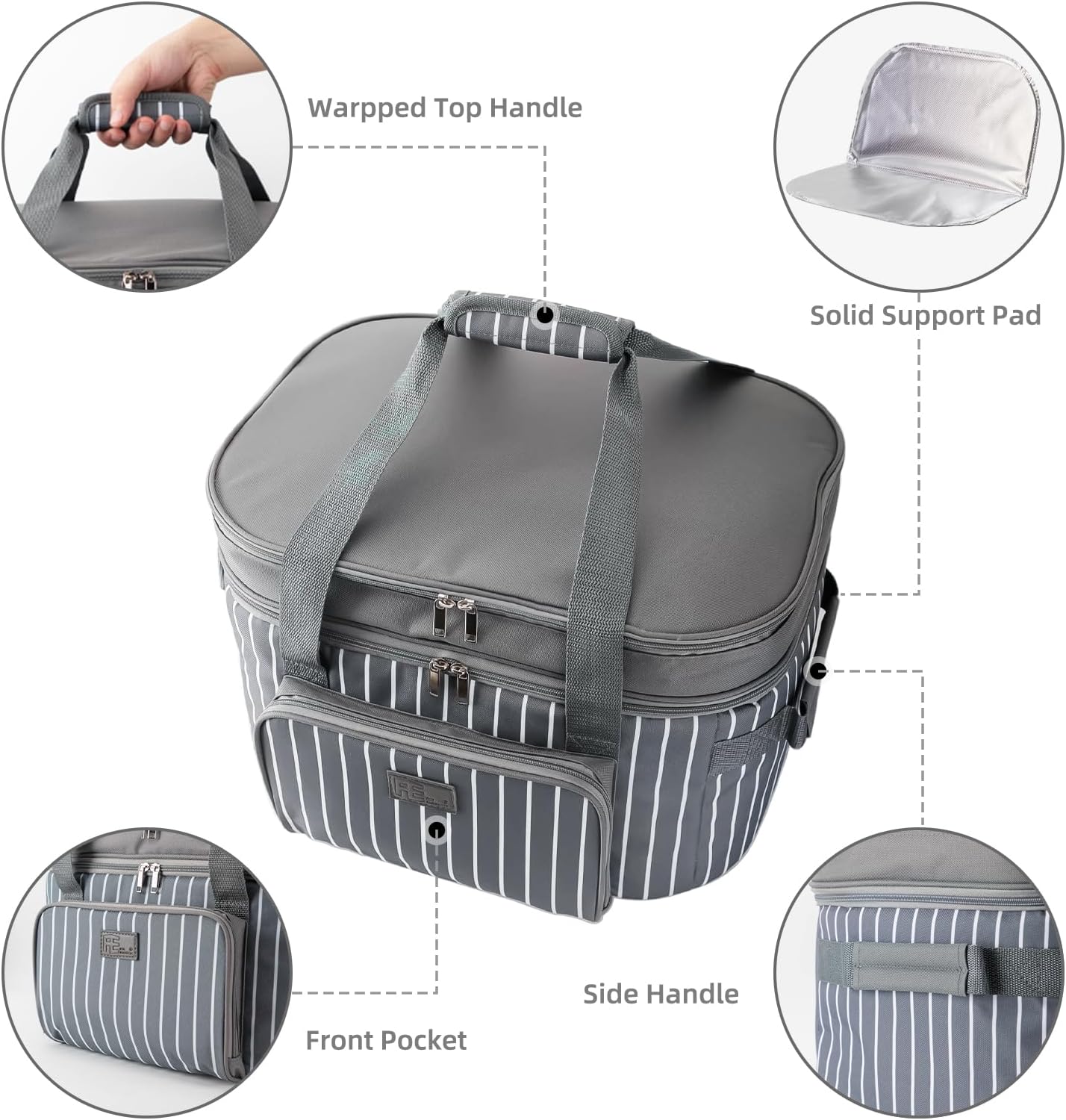 Fun Elements Double Layer Slow Cooker Carrier Bag for 6-8 Quart Oval CrockPot, Insulated Crock Pot Travel Bag with Support Pad and Adjustable Straps, Top Zip Compartment and Front Pocket for Utensils