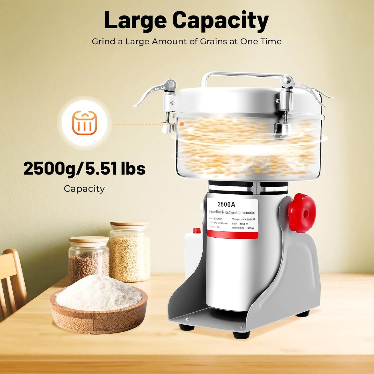Electric Grain Mill Grinder, 2500g/5.51lb High-speed 32000r/min Food Grinder, 110V 4500W Countertop Grain Mill for Dry Spice Herbs Grains Coffee Rice Pepper (2500g)
