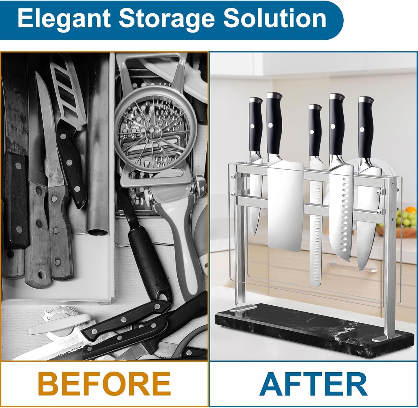 YIIYIIN Magnetic Knife Block with Acrylic Shield - Marble Based Double Side Magnetic Knife Stand - Kitchen Magnetic Knife Holder - Knife Storage - Knife Holders for Counter Top - Black