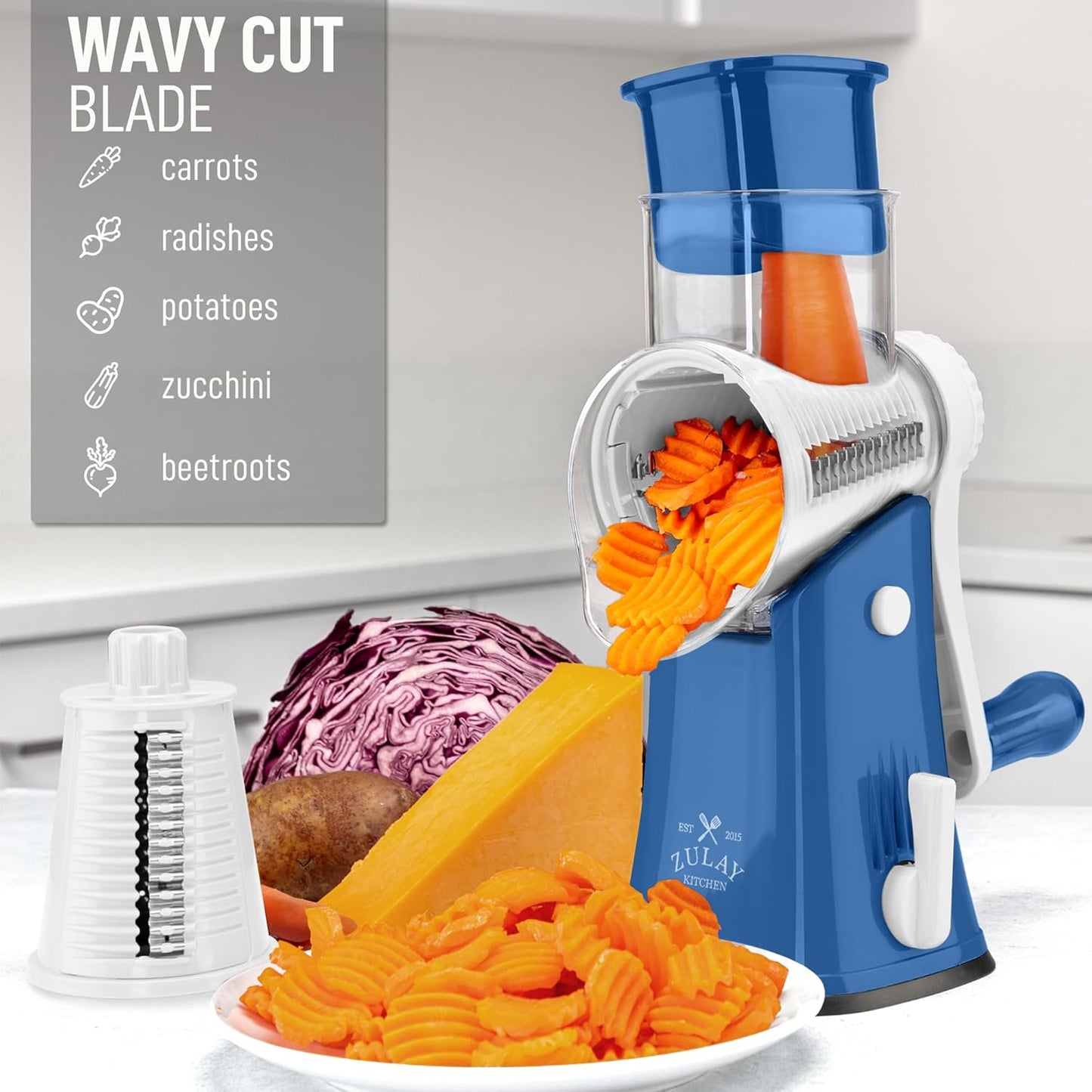 Zulay Kitchen Rotary Cheese Grater 5 Blade Cheese Shredder - Manual Hand Crank Cheese Grater With Reinforced Suction & 5 Interchangeable Drums - Easy to Use, Vegetable Chopper Round Mandoline Slicer