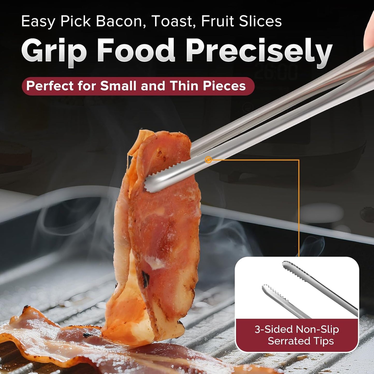 Precision Serrated Non-Slip Tips Cooking Tongs 2 Set (9" & 12"), One-Piece Easy to Control Stainless Steel Kitchen Tweezer Tongs, Multi-Purpose Food Tweezers for Baking, Food Plating, BBQ