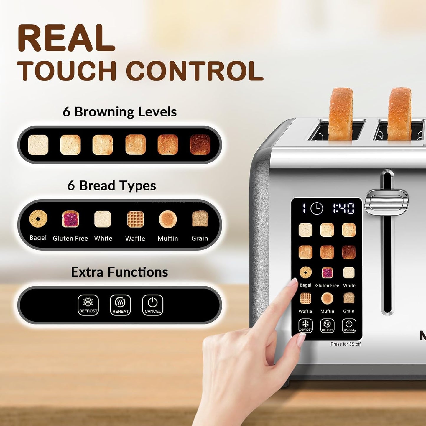 Mecity 4 Slice Toaster with Touch Screen Control, 4 Wide Slots, Stainless Steel Smart Bread Toaster for Bagels, Muffins, Waffles, Dual Control Panel, Timer, Defrost, Reheat, 120V 1650W, Pearl Grey