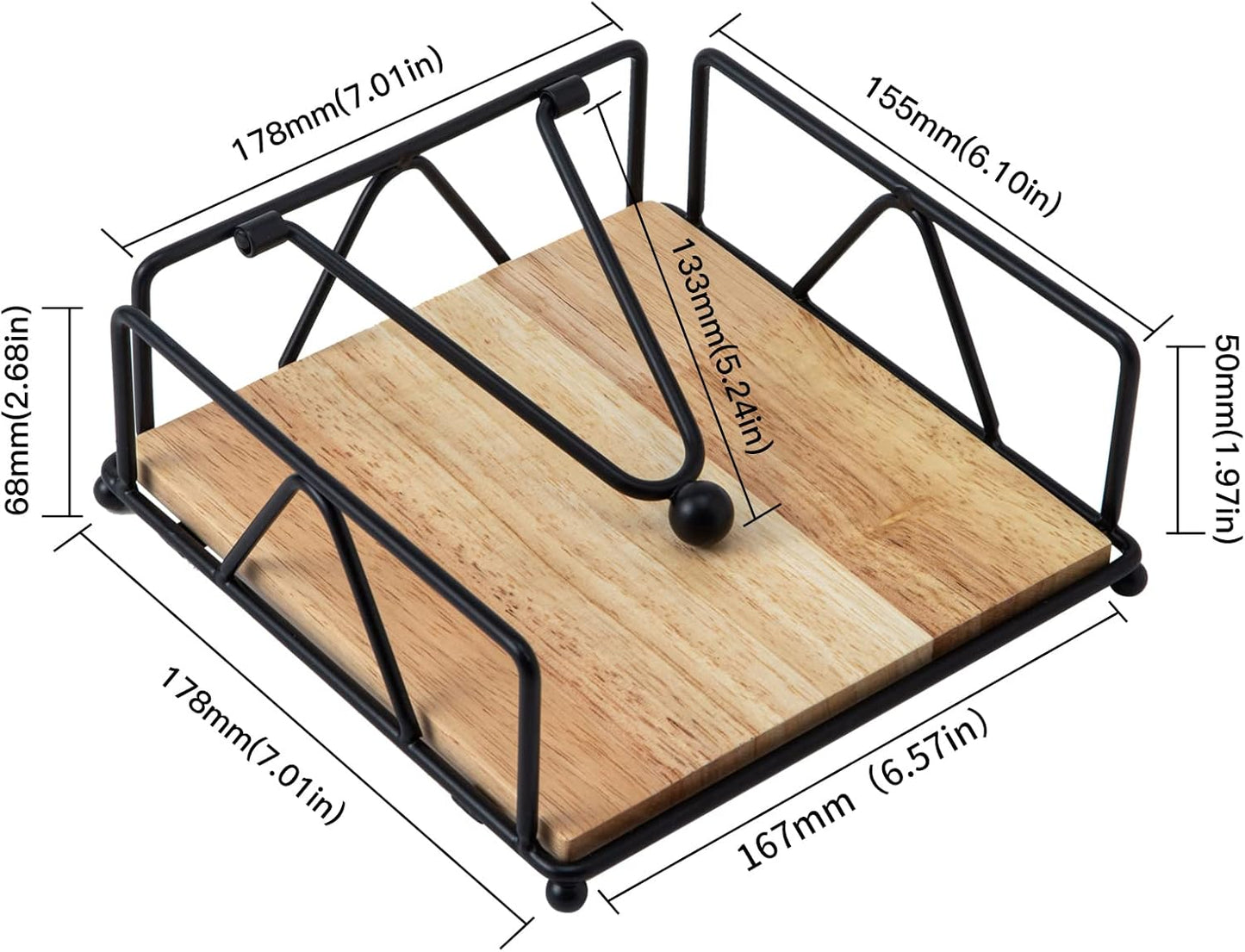 Square Napkin Holder - Durable Table Napkin Dispenser with Weighted Arm, Metal Napkin Storage with Wooden Base, Farmhouse Napkin Holder for Table, Kitchen and Countertops (Black)