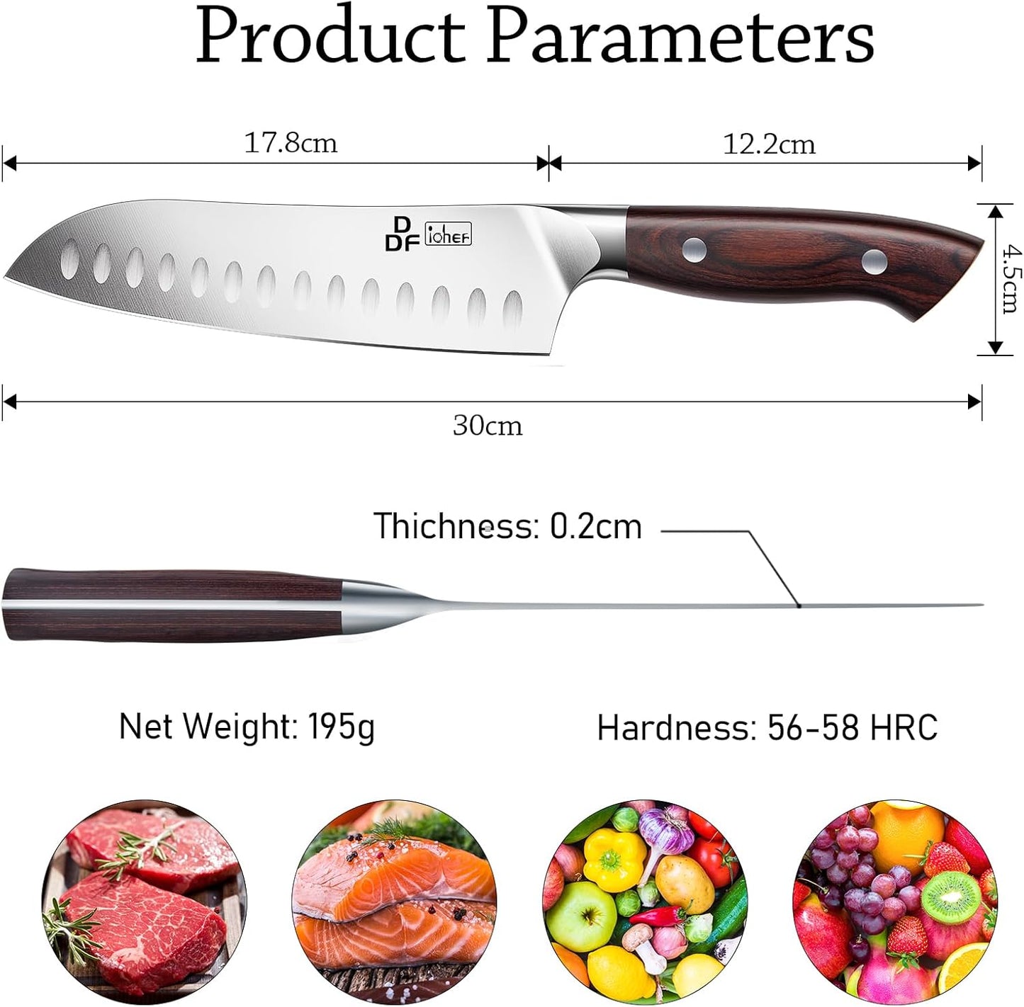 DDF iohEF Kitchen Knife 7 inch Chef Knife Professinal Santoku Knife, Japanese Stainess Steel Ultra Sharp Cooking Knife with Ergonomic Handle for Chopping Vegetable and Cooking