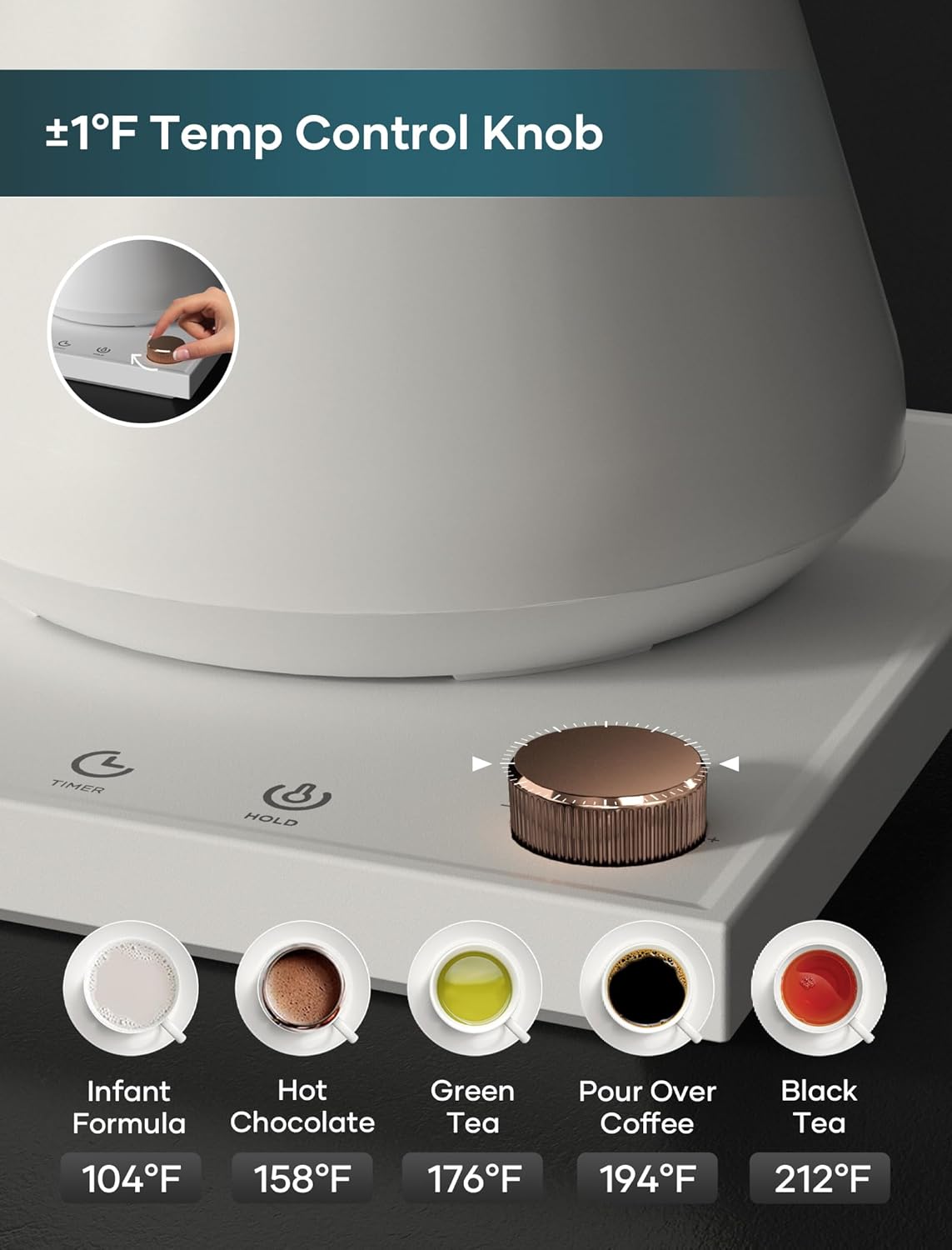 Electric Kettles, Gooseneck Electric Kettle, ±1℉ Temperature Control, Stainless Steel Inner, Quick Heating, for Pour Over Coffee, Brew Tea, Boil Hot Water, 0.9L White