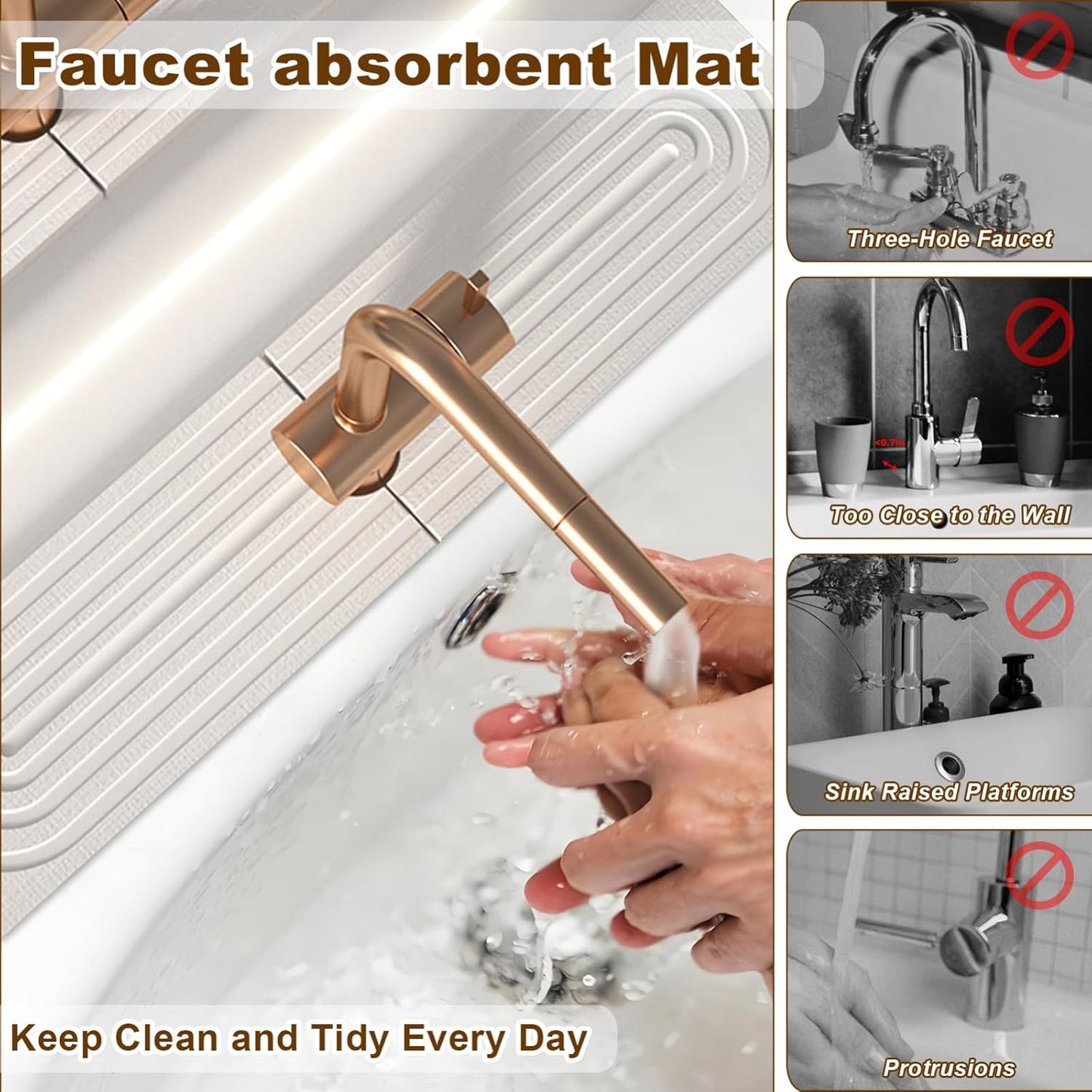 Faucet Mat for Kitchen Sink, Diatomite Super Absorbent Fast Drying Stone Sink Tray for Bathroom Kitchen Sink Splash Guard(Square White,23.6x3.9in)