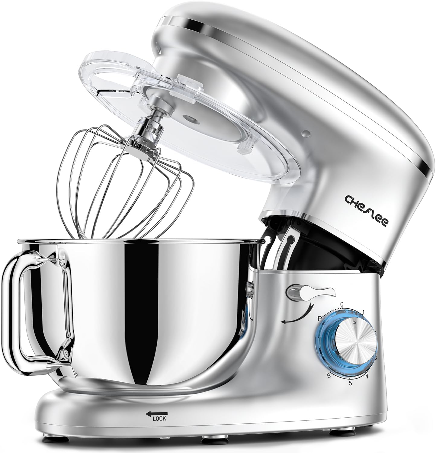 CHeflee Stand Mixer,600W 6+P With 6.5QT Stainless Steel Bowl,Dough Hook, Wire Whip & Beater,for Most Home Cooks,Silver