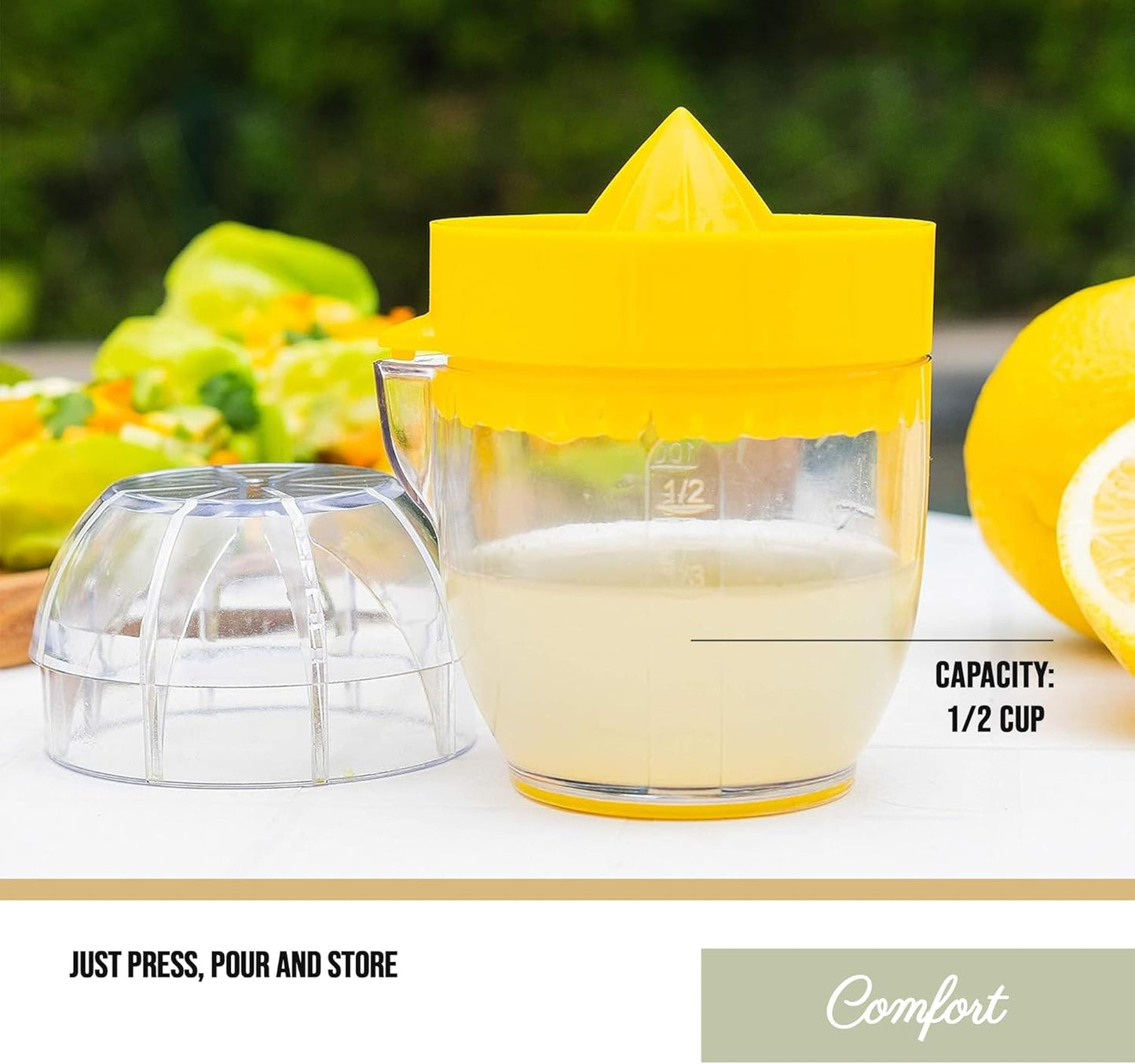 Trudeau Lemon Squeezer with Integrated Strainer – Compact Citrus Juicer with 1/2 Cup Capacity, Calibrated Container & Pouring Spout – BPA-Free & Dishwasher Safe – Original Trudeau Design