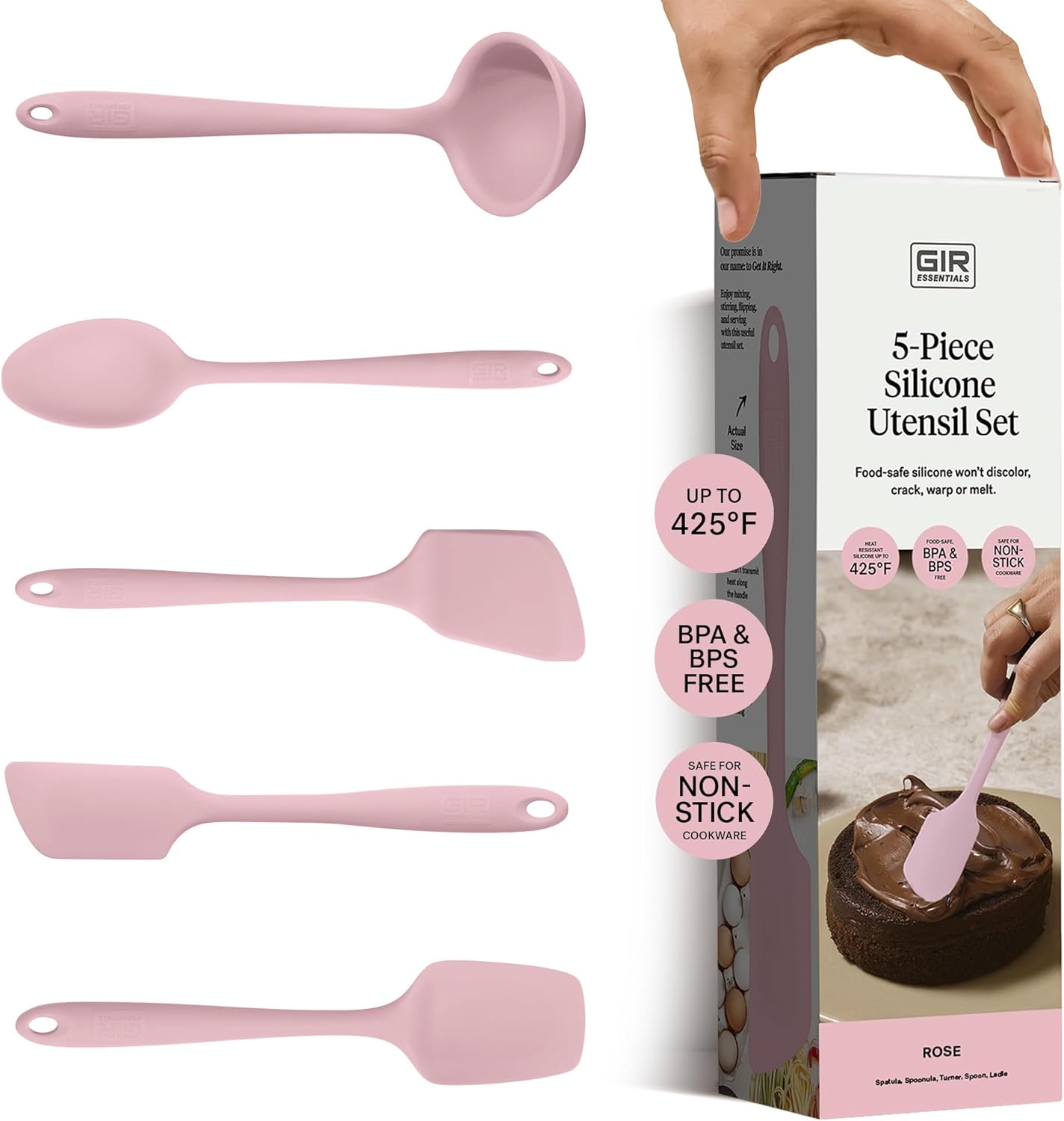GIR: Get It Right - 5 Piece Essentials All Purpose Set - Ladle, Spatula, Flip, Spoon & Spoonula, Non-stick, Heat Resistant, Dishwasher Safe, Kitchen Utensils, Baking Supplies - Rose