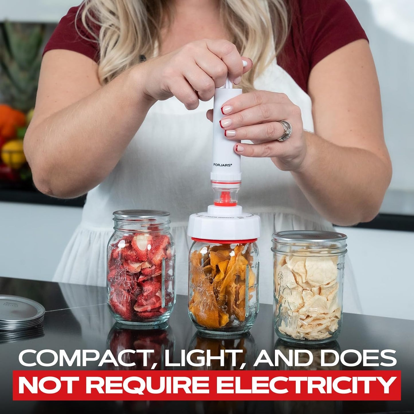 FORJARS Jar Vacuum Sealer Accessory Set for Mason Jars - Compatible with Regular and Wide Mouths, Cordless Pump for Portable Manual Hand Sealing, no electric. Vacuum Sealer with Plastic Lids