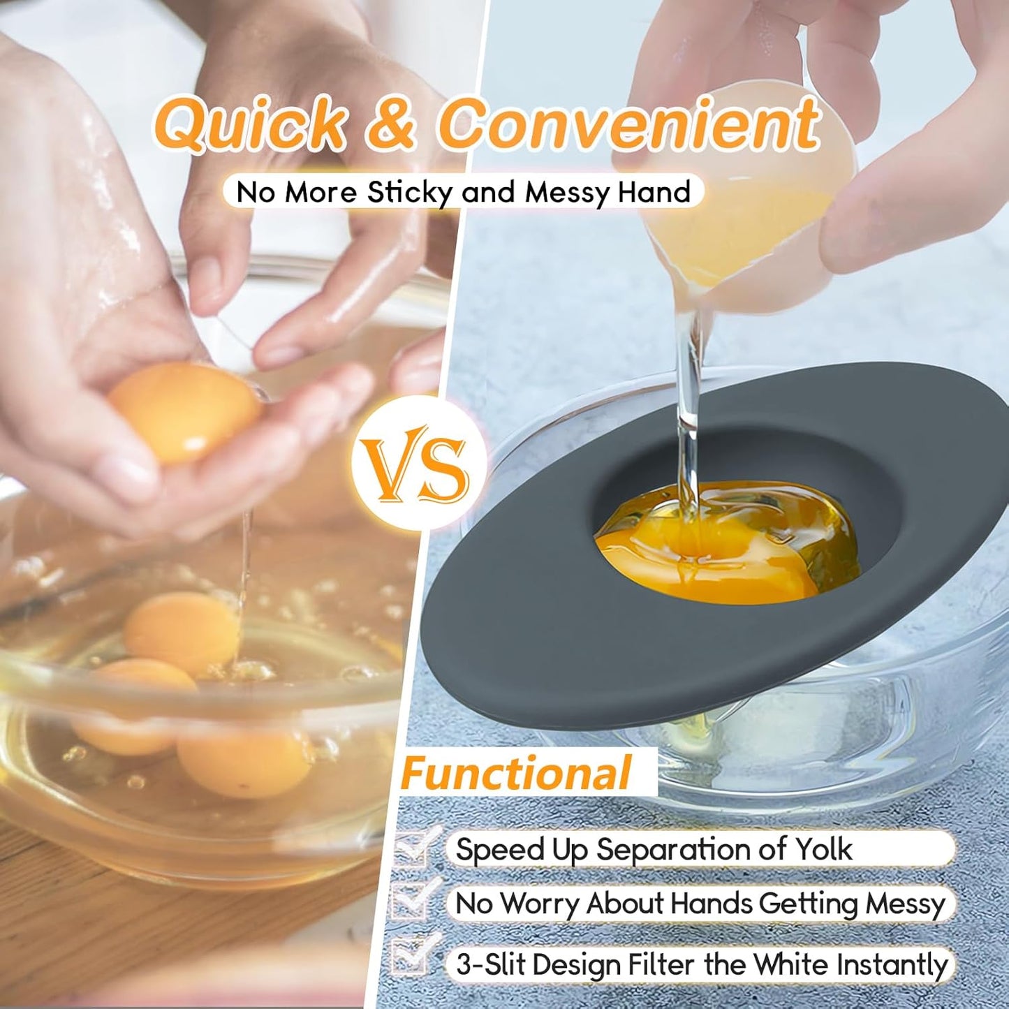 2PCS Silicone Egg Separators, Food-Silicone Egg White Separator, 3-Slit Egg White Separator from Yolk for Baking, Must-Have Egg Separator Tool, Set of 2