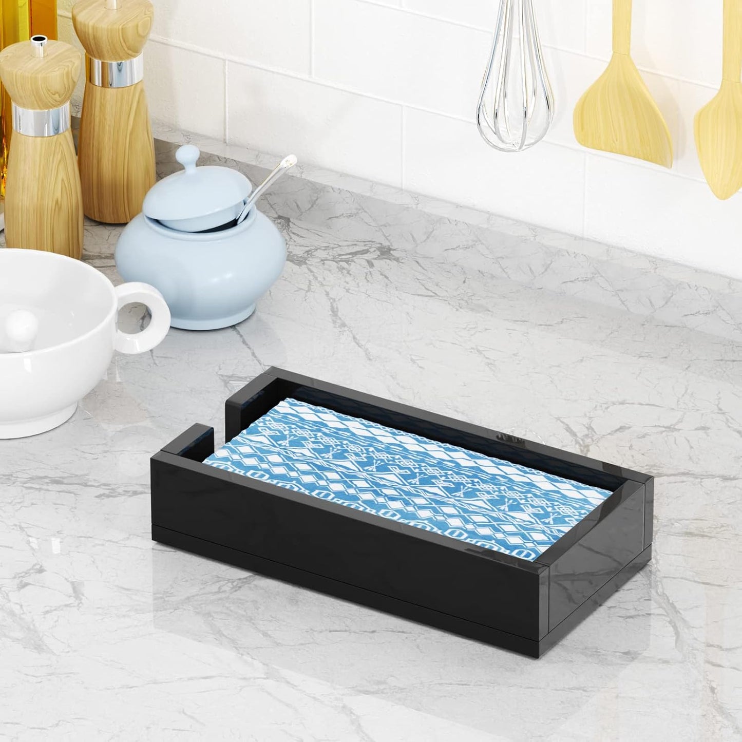 HIIMIEI Acrylic Napkin Holder for Bathroom, Black Acrylic Guest Towel Holder, Bathroom Napkins Guest Disposable Holder, Hand Towel Tray for Kitchen, Parties, Weddings, Party, Hotel, Restaurant（Black）