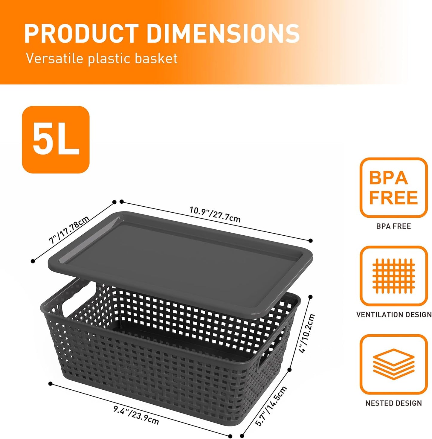 Plastic Storage Baskets With Lid, Storage Bins for Organizing, Stackable Decorative Containers for Shelves Drawers Desktop Closet Playroom Classroom Office,10 Pack-Grey