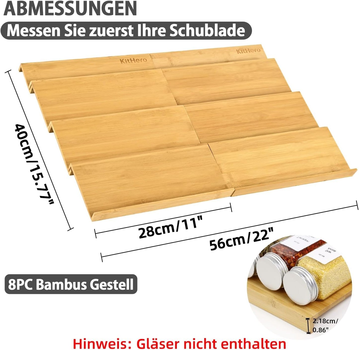 Spice Drawer Organzier,4 Tiers- 8Pcs Bamboo Spice Rack Tray Insert for Cabinet Drawer Countertop, Kitchen Seasoning Storage Drawer Organization,22" Wide x 15.8" Deep （Hold UP To 48 Jars