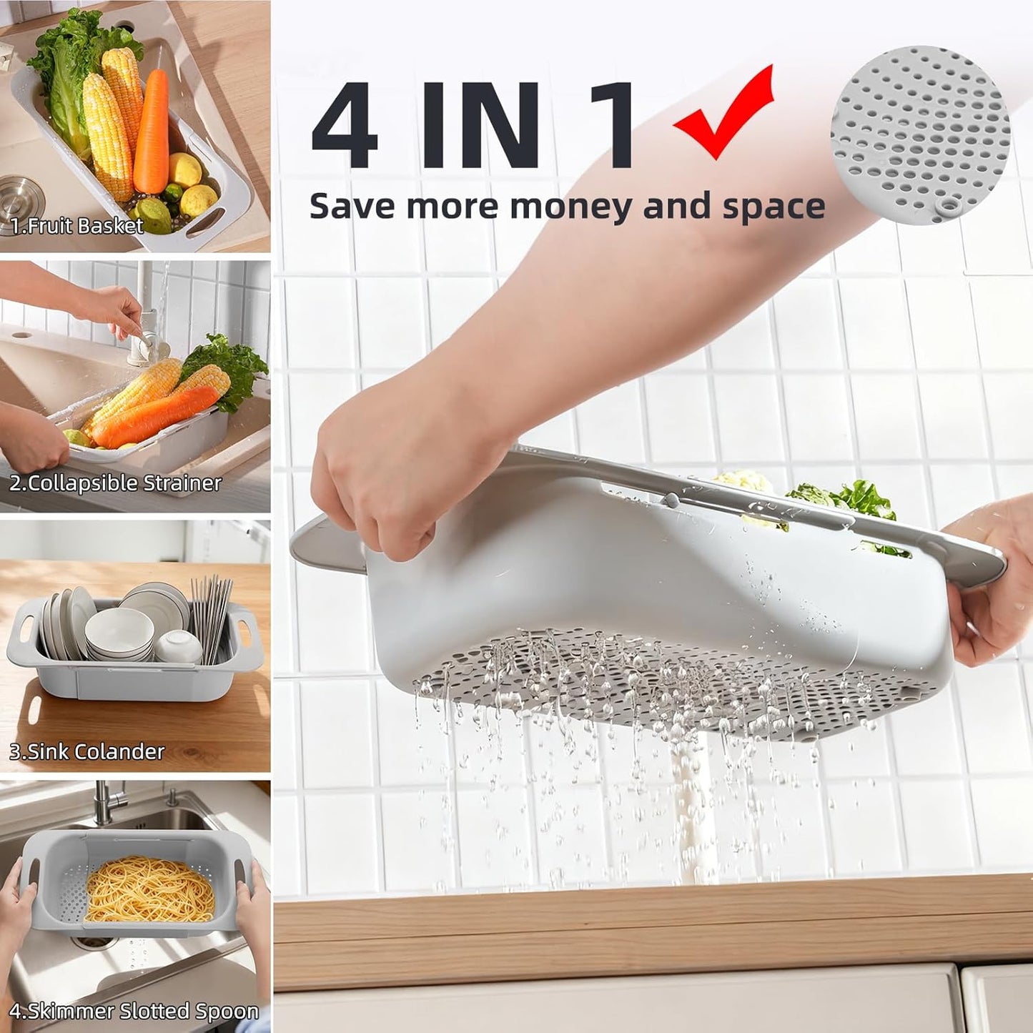 Extended Long Over the Sink Colander, Wash Vegetables Fruits Collapsible Colander Strainer, 14.5"-19.3" Extendable Kitchen Sink Accessories for Dishes Drying, Vegetable Basket, with Peeler