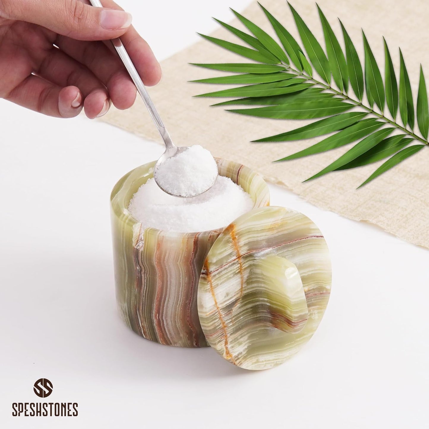 Marble Salt Cellar with Lid and Spoon 4 Inch Handmade Green Small Seasoning Containers - Decorative Spice Jars, Sugar Bowl & Flaky Salt Dish for Kitchen Countertop Storage