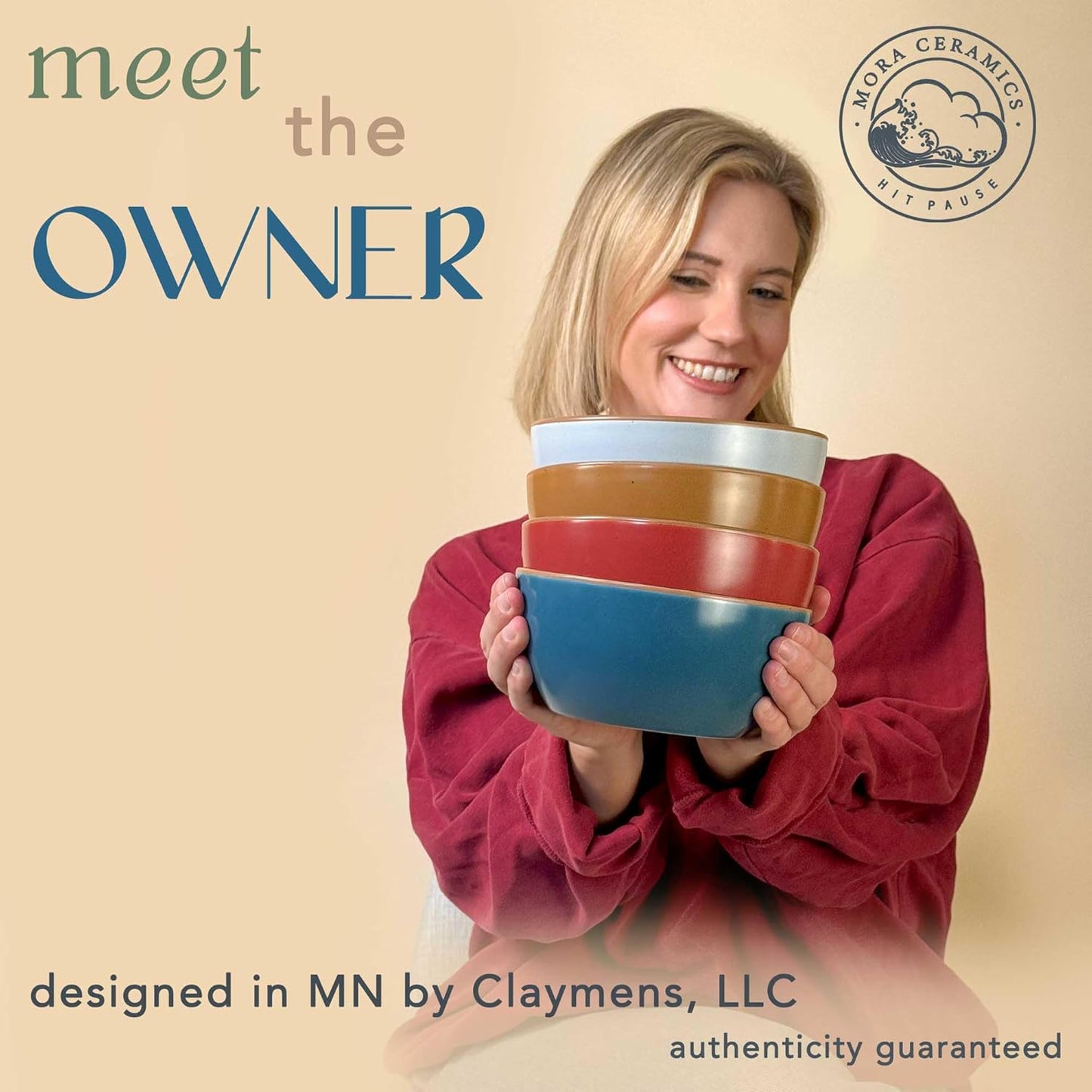 Mora Ceramic Artisan Matte Bowls For Kitchen 28oz - Bowl Set of 4 For Cereal, Salad, Pasta, Soup, Dessert etc - Dishwasher, Microwave, and Oven Safe - For Breakfast, Lunch and Dinner - Marina Colors