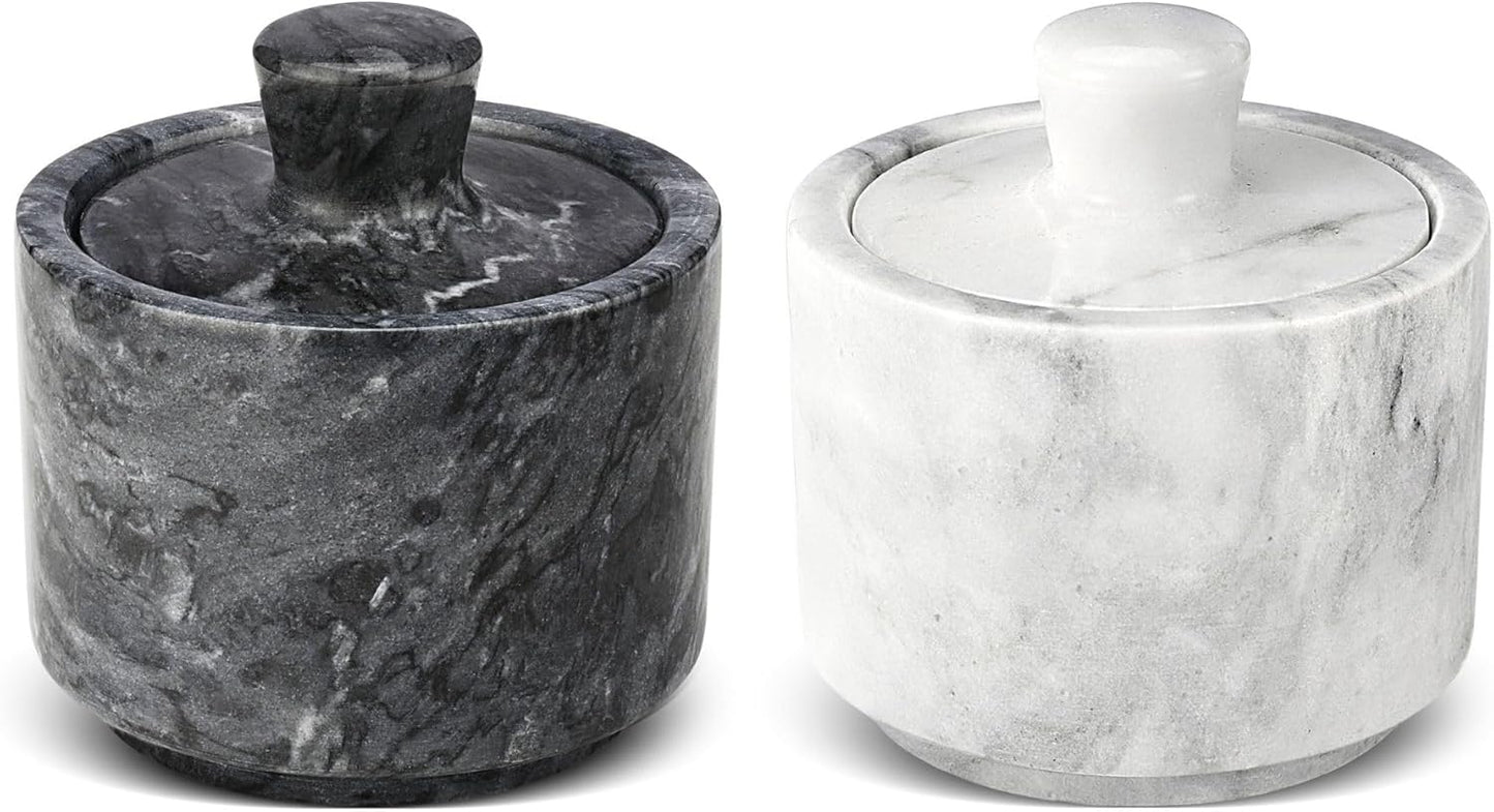 Flexzion Marble Salt Cellar with Lid - Salt and Pepper Bowls Dish Container for Kitchen - Marble Pepper Jar Storage Box Holder for Paprika, Herbs, Sugar, Jewelry & Watches (Set of 2, Black & White)