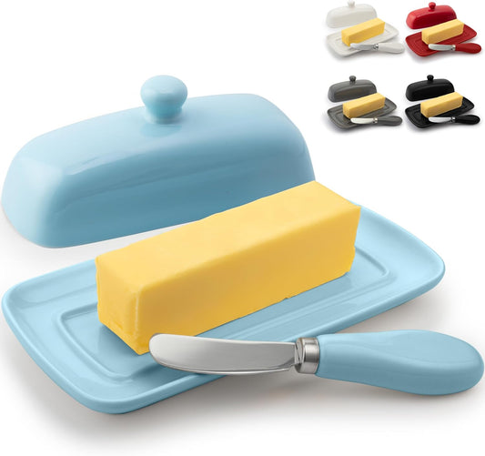 Zulay Butter Dish With Lid For Countertop - Porcelain White, Ceramic Butter Dish with Knob Handle Great for Cooking - Elegant Design Butter Holder - Durable & Sturdy Butter Keeper - Light Blue