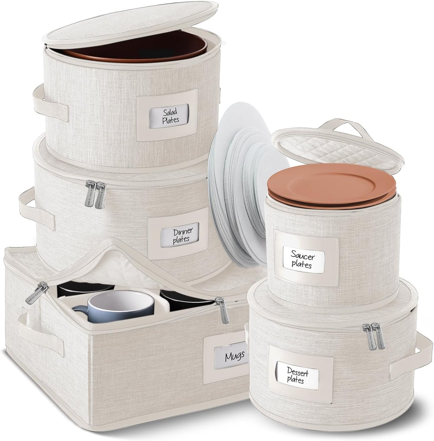 Fine China Storage Containers, 5 Piece Quilted Dish Storage Containers, Mug, Cup, and Plate Dish Organizer with Felt Dividers, Service of 12 Dinnerware Boxes for Moving, Seasonal Organization, Cream
