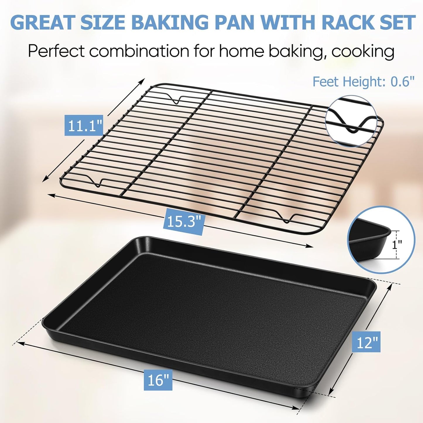 TeamFar Baking Sheet with Rack Set, 16 x 12 x 1” Nonstick Cookie Baking Pan Tray with Cooling Rack, for Baking/Roasting/Cooling, Healthy & Heavy-Duty, Easy Clean, Set of 4