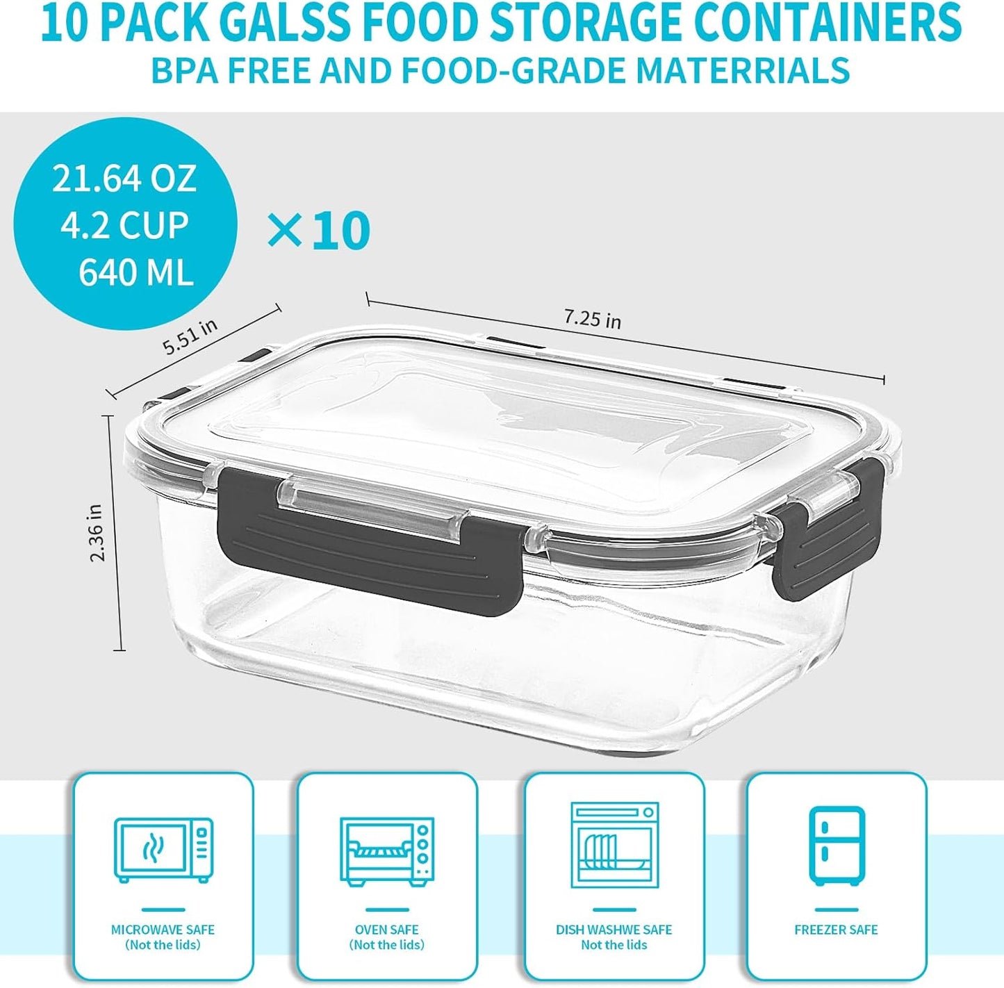 Skroam 10 Pack Glass Meal Prep Containers, 22 OZ Glass Airtight Food Storage Containers with Lids, Pantry Kitchen Storage Containers for Lunch, Food Storage, Meal Prep, Lunch Bento Boxes
