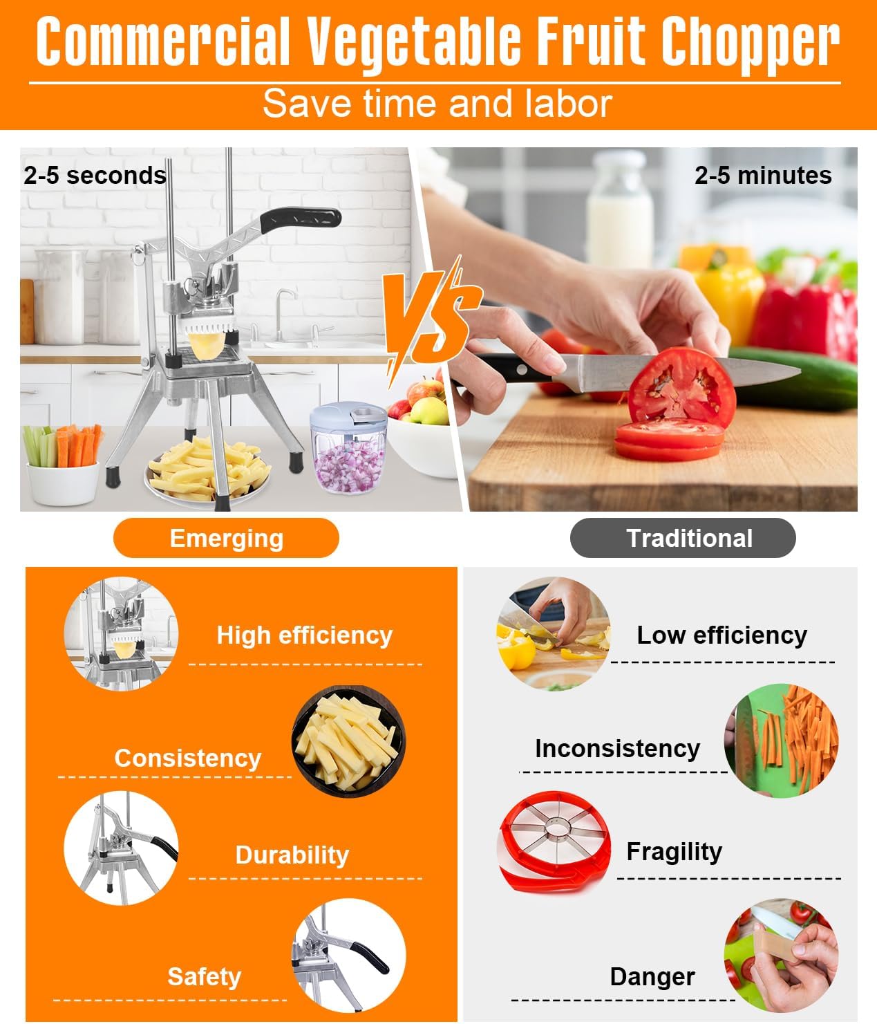 Commercial Vegetable Fruit Chopper 1/4″&3/8″ Blade Heavy Duty Professional Food Dicer Kattex French Fry Cutter Onion Slicer Stainless Steel For Tomato Peppers Potato Mushroom, Silver