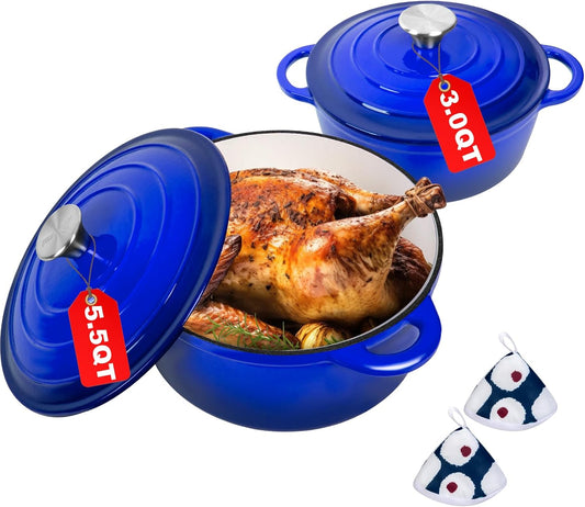 Romswi Enameled Cast Iron Dutch Oven Set - 3qt & 5.5qt Dual Combo - 7-Layer Professional Grade Dutch oven pot with lid - Oven Safe for Braising, Stews, Roasting, Bread Baking - Blue Bread Dutch Oven