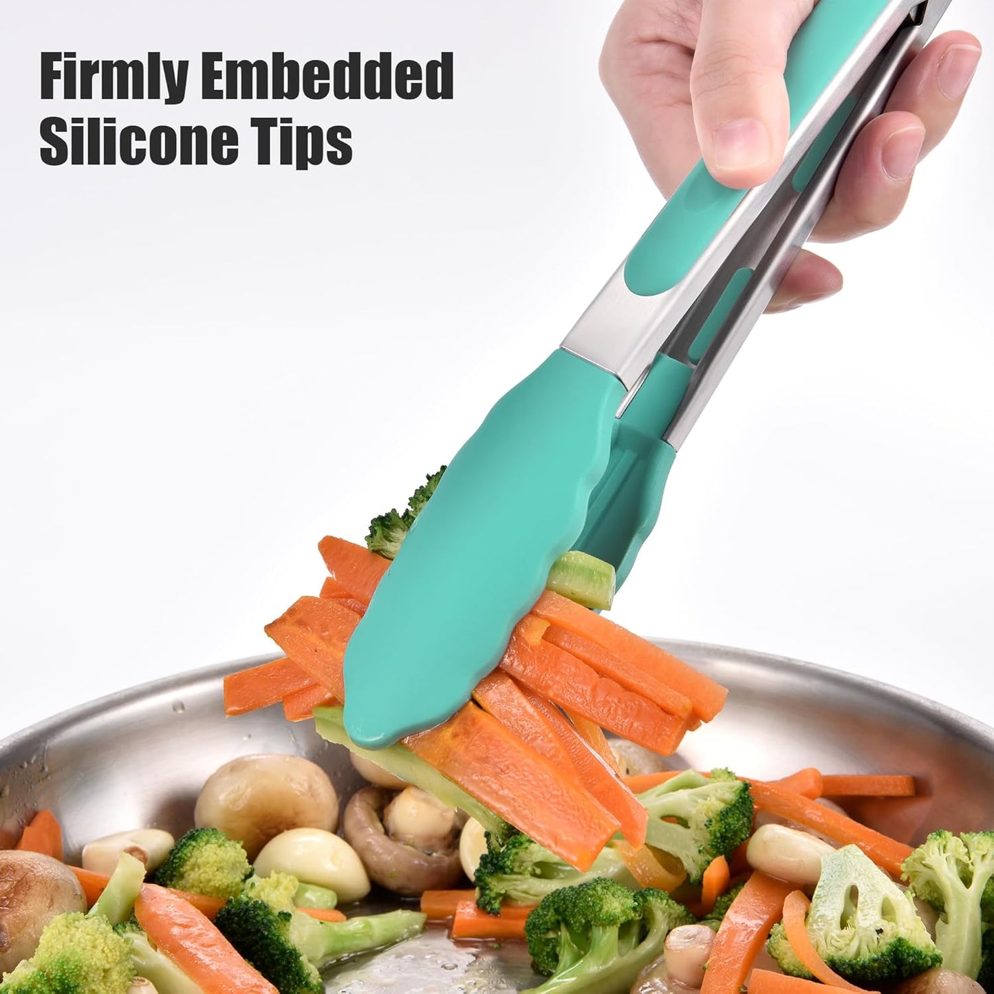 Doosu Kitchen Tongs for Cooking - 600°F Heat Resistant Food Tong with Non-Scratch Silicone Tips, Heavy Duty Stainless Steel Locking Tong for BBQ, Grilling Steak, Serving Salad, Pasta (9in, Aqua Sky)