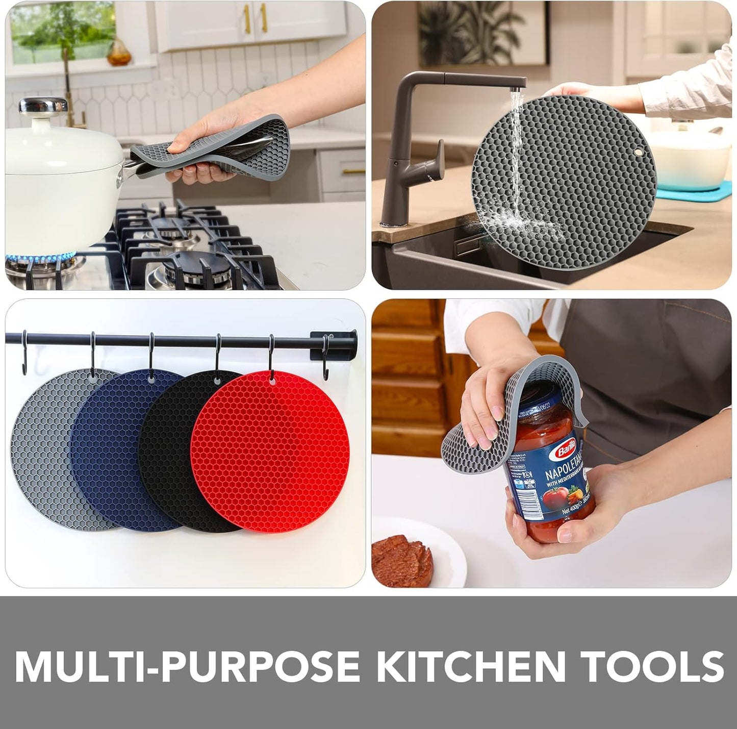 Joyhalo Trivets for Hot Dishes - Hot Pads for Kitchen, Silicone Pot Holders for Hot Pots and Pans, Silicone Mats for Kitchen Countertops, Table, Flexible Easy to Wash and Dry, Grey