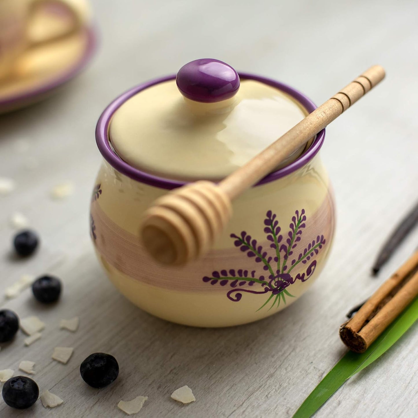 City to Cottage Ceramic Sugar Bowl with Lid, 10oz Sugar Contanier for Coffee Bar, Sugar Dispenser Bowl, Salt - Condiment Pot for Kitchen Counter, Handcrafted Cream Lavender Floral Sugar Jar