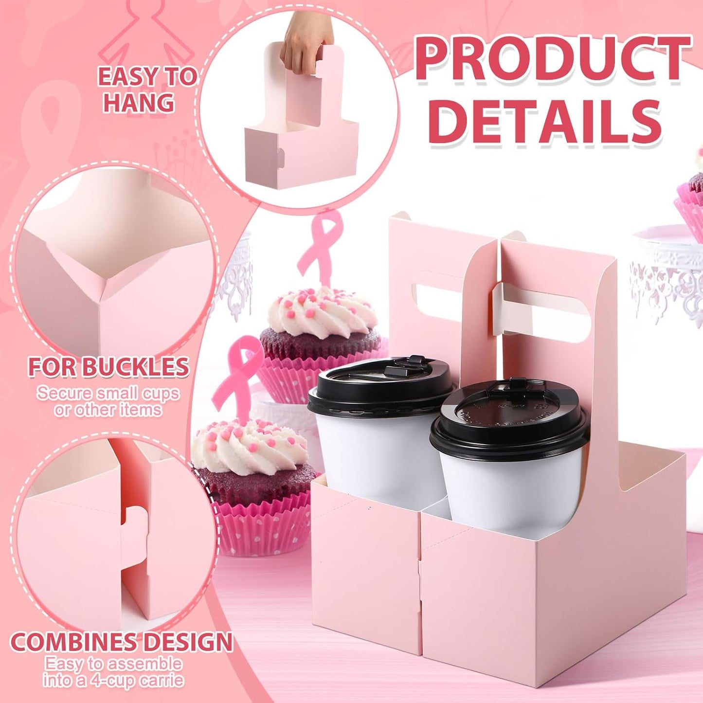 TaoBary 25 Set Breast Cancer Awareness Gifts 2 Cup Drink Carrier with Handle Pink Portable Foldable Tray Drink Holder Breast Cancer Gifts for Woman Disposable Coffee Cup Holder with Pink Ribbon