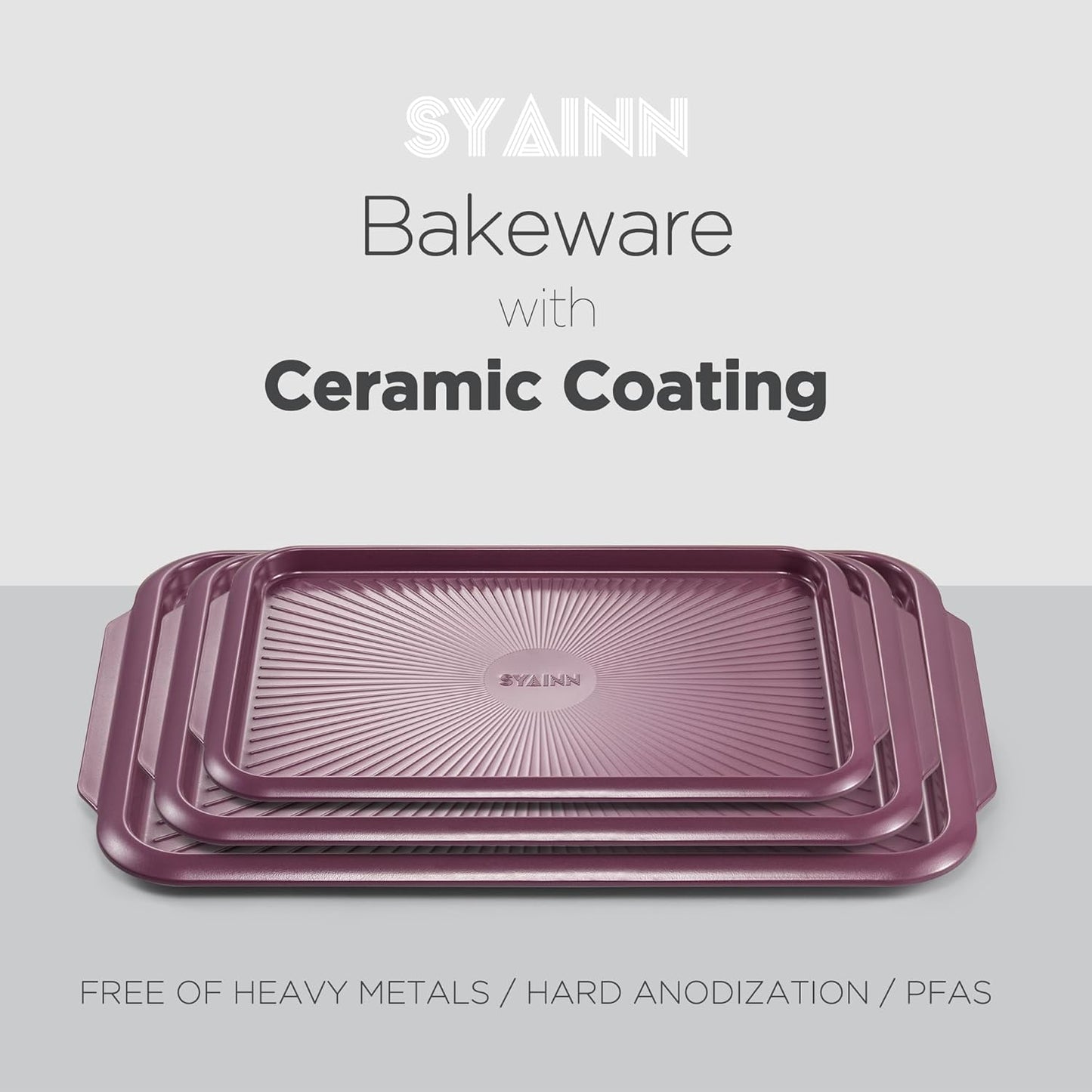 SYAINN Non-stick Ceramic Baking Sheet Set, 3 Pieces- Aluminum Steel Cookie Sheets for Baking-Includes Half/Quarter/Jelly Roll Pans-Warp Resistant, Toxic, PTFE & PFOA Free-Red
