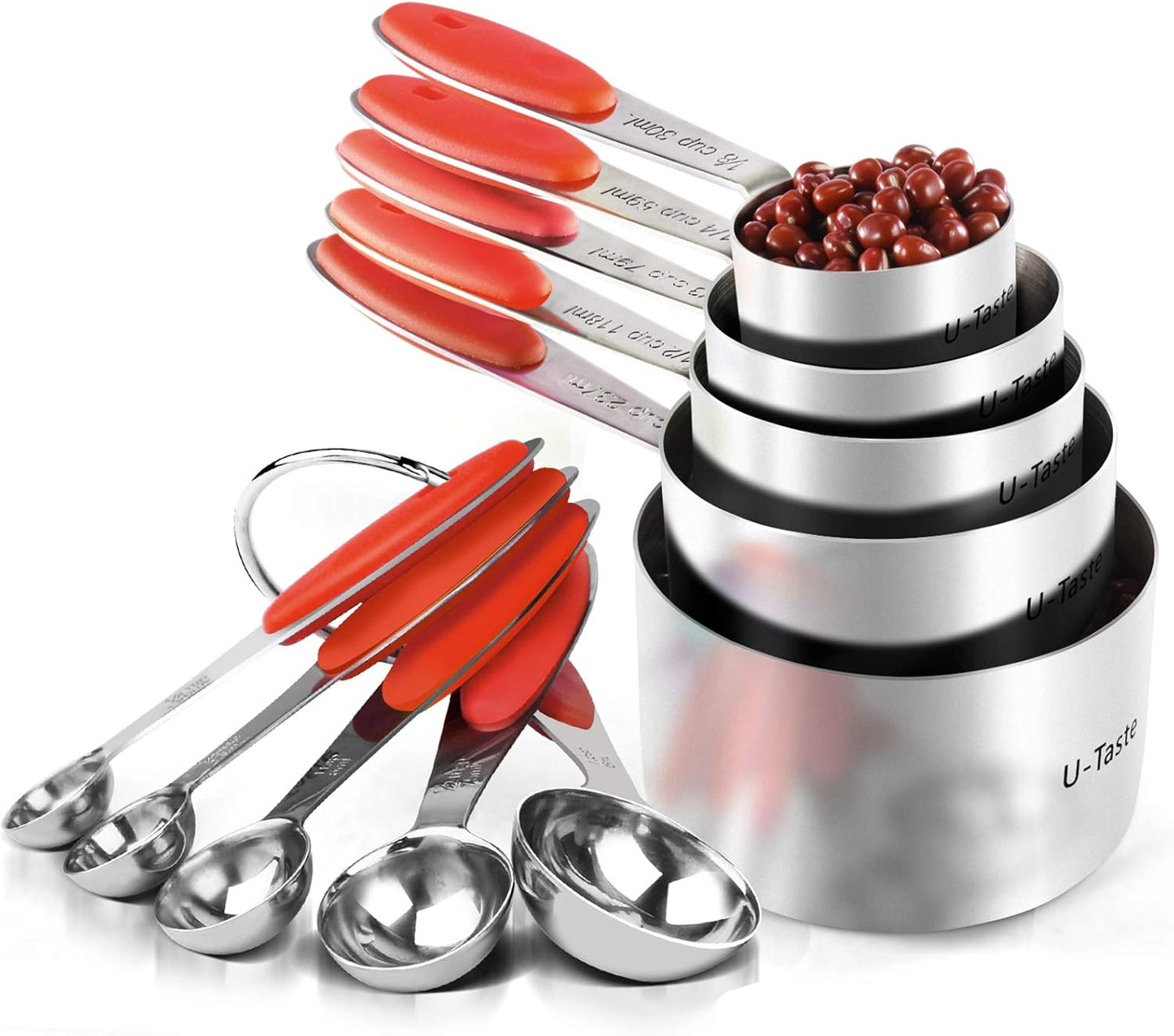 Measuring Cups : U-Taste 18/8 Stainless Steel Measuring Cups and Spoons Set of 10 Piece, Upgraded Thickness Handle(Red)