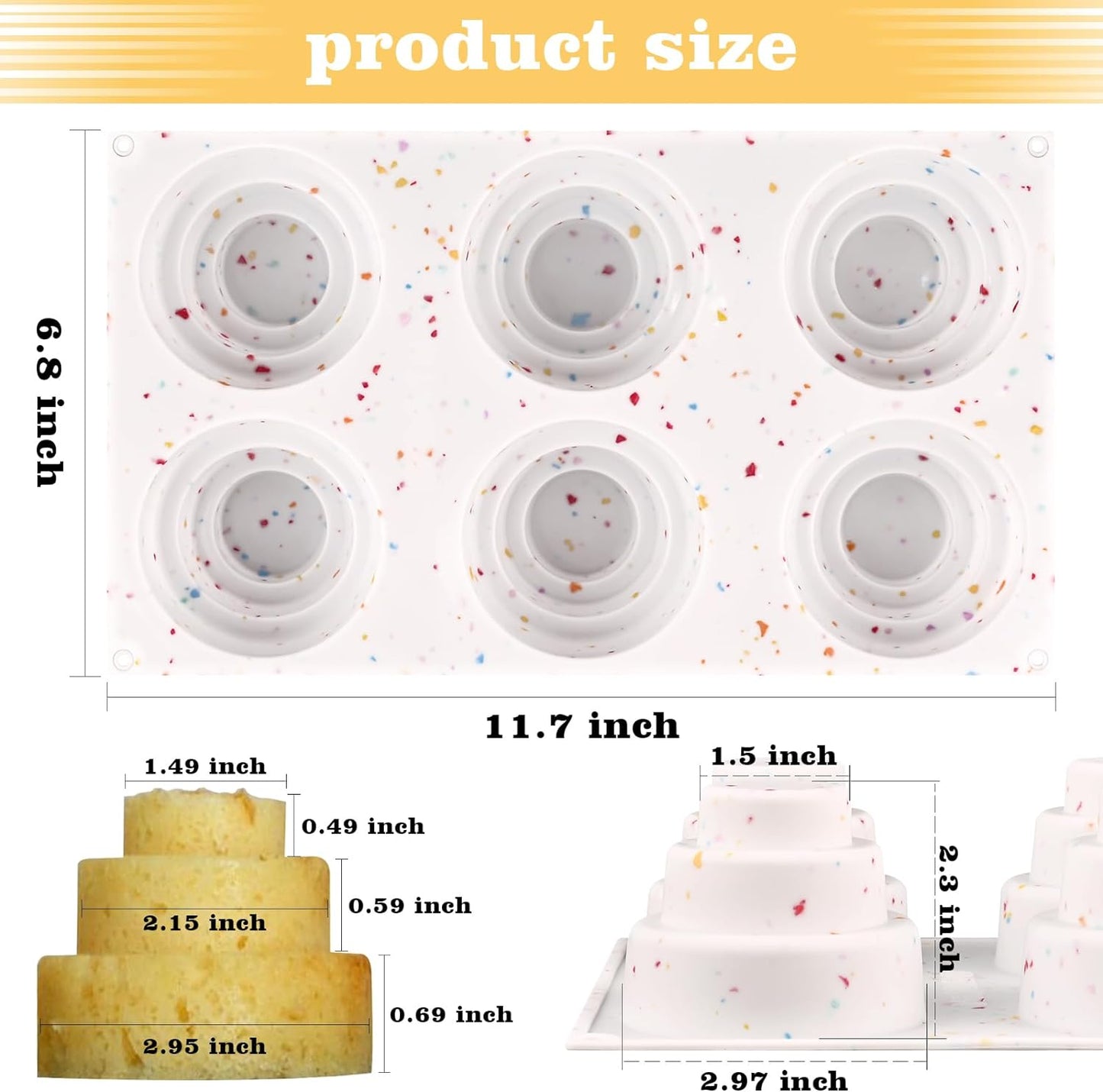 Sakolla 2 Pack 3 Tier Mini Cake Molds, BPA Free 6 Cavity Silicone Cakepop Molds Shapes for Baking Cake Pop, Cakesicle, Brownie and Mousse (Confetti)