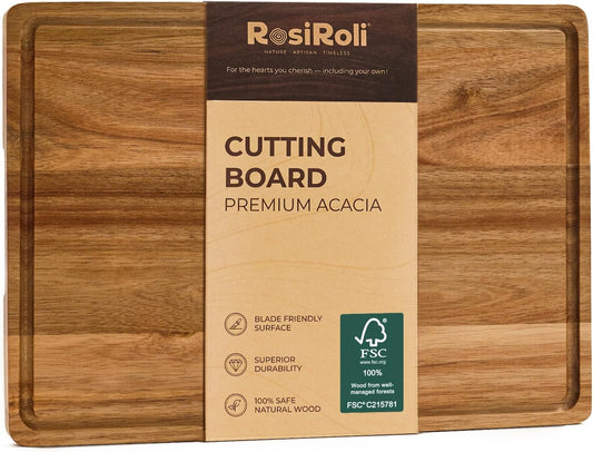 Acacia Wood Cutting Board for Kitchen - 1 inch Thick FSC Certified Wood Charcuterie Cheese Board with Side Handles and Juice Grooves, Wooden Chopping Block for Meat and Veggies, 17x12 inch