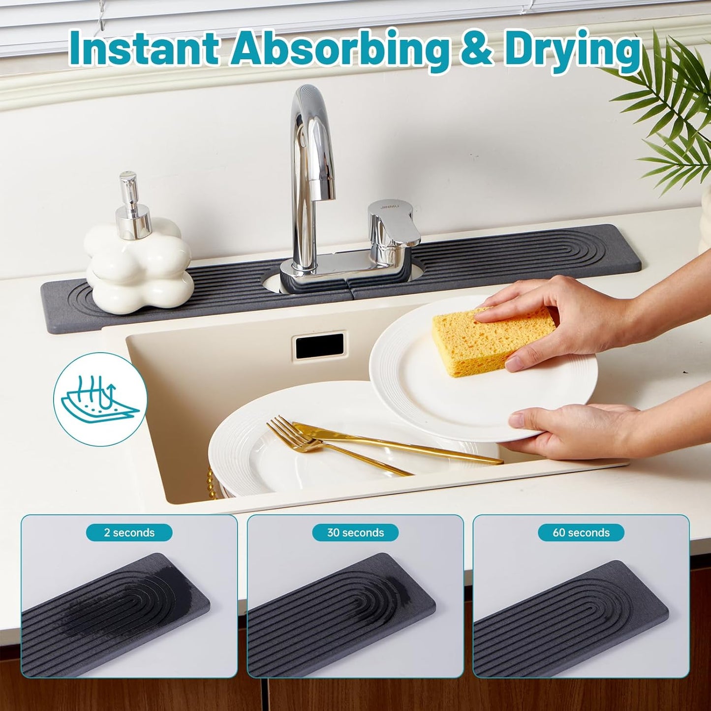 Stone Faucet Mat for Kitchen Sink with Oval Hole – 23.6" × 3.9" Diatomite Drying Stone Mat & Sink Protector, Quick-Dry Splash Guard Water-Absorbing Tray for Bathroom Counter（Dark Gray.23.6" x 3.9"）