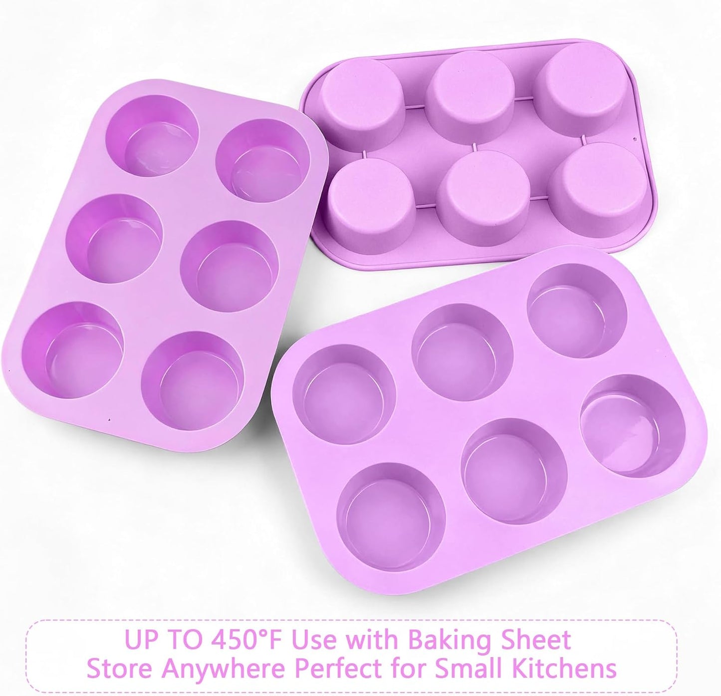 3-Pack 6-Cup Silicone Muffin Pans, Nonstick Cupcake Baking Molds, BPA/PFA-Free, Dishwasher & Oven Safe - Purple