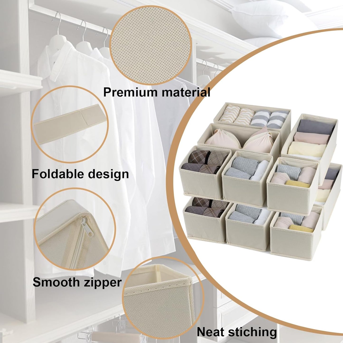 Set of 12 Drawer Organizer, Fabric Closet Organizer and Storage Baskets,Foldable Drawer Divider for Clothing,Sock,Ties,Underwear Drawer Organizers,Set of Cabinet Storage Boxes (Beige)