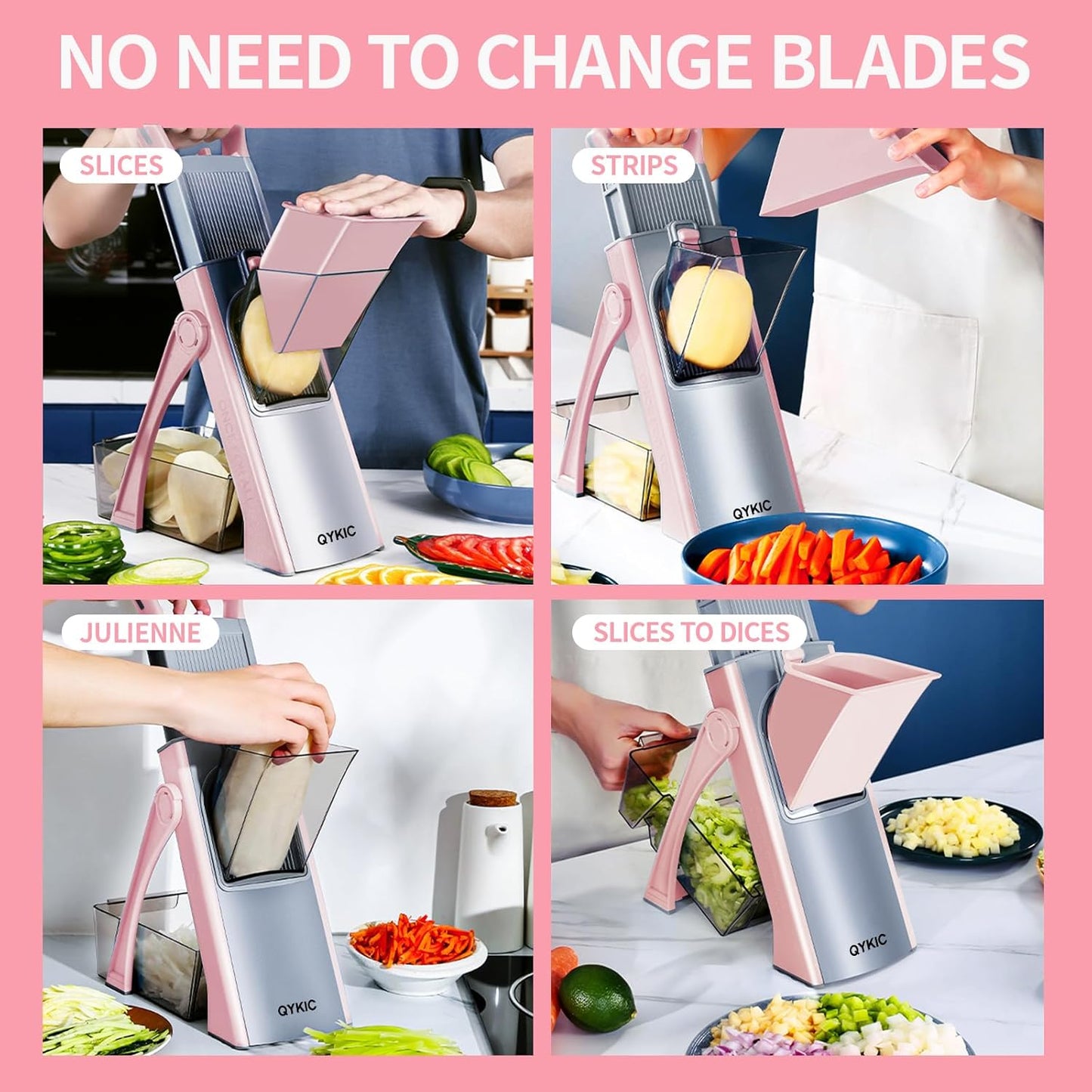 Upgrade Safe Mandoline Slicer for Kitchen, Chopper Vegetable Cutter, Potato Slicer Thickness Adjuster, French Fry Cutter, Veggie Dicer Faster Kitchen Mandolin for Meal Prep (Pink)